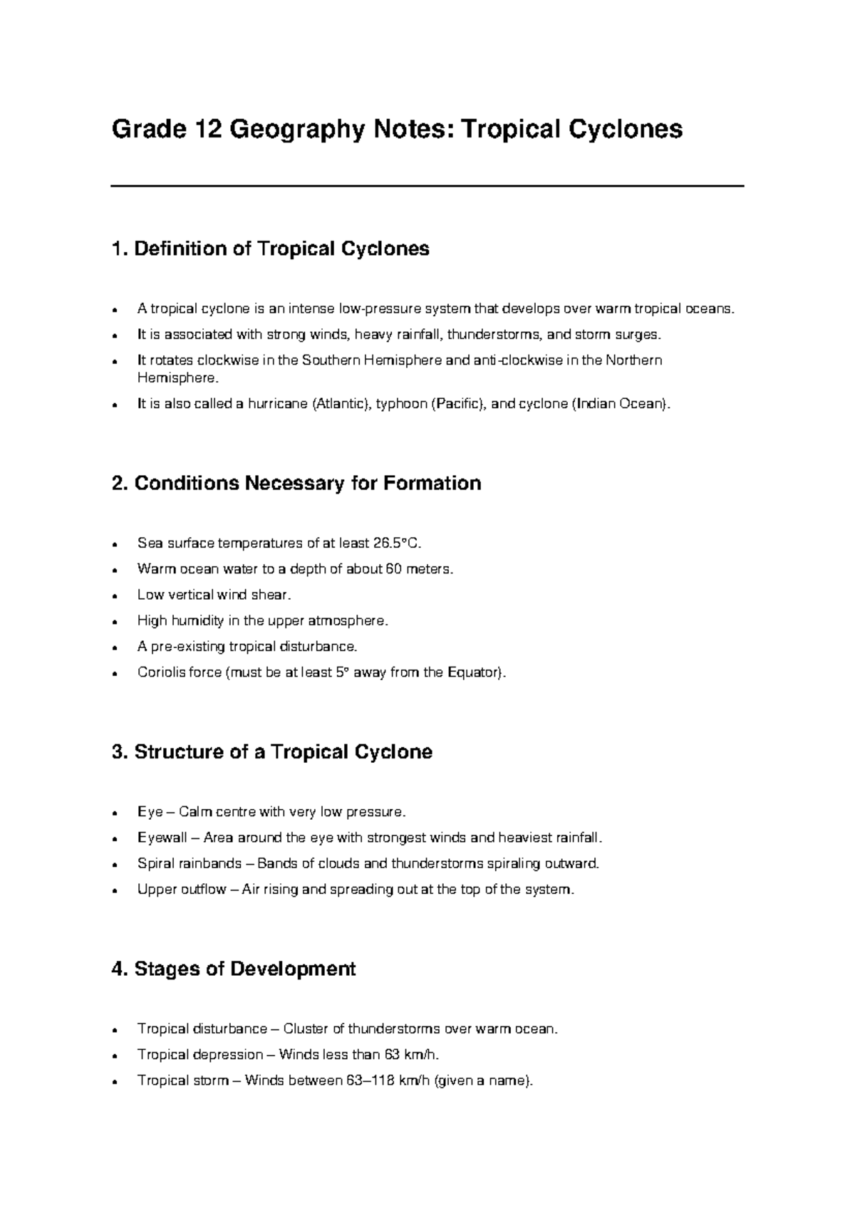 Grade 12 Geography Notes: Understanding Tropical Cyclones - Studocu