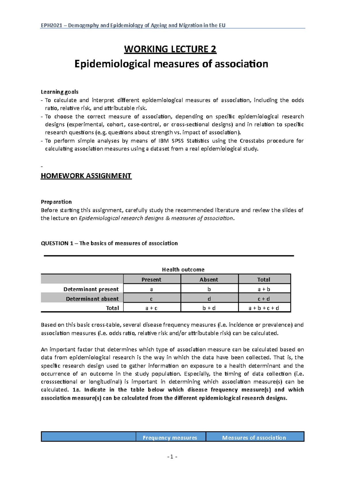 Epidemiology Measures & Analysis: Working Lecture 2 (Course Code: EPI ...