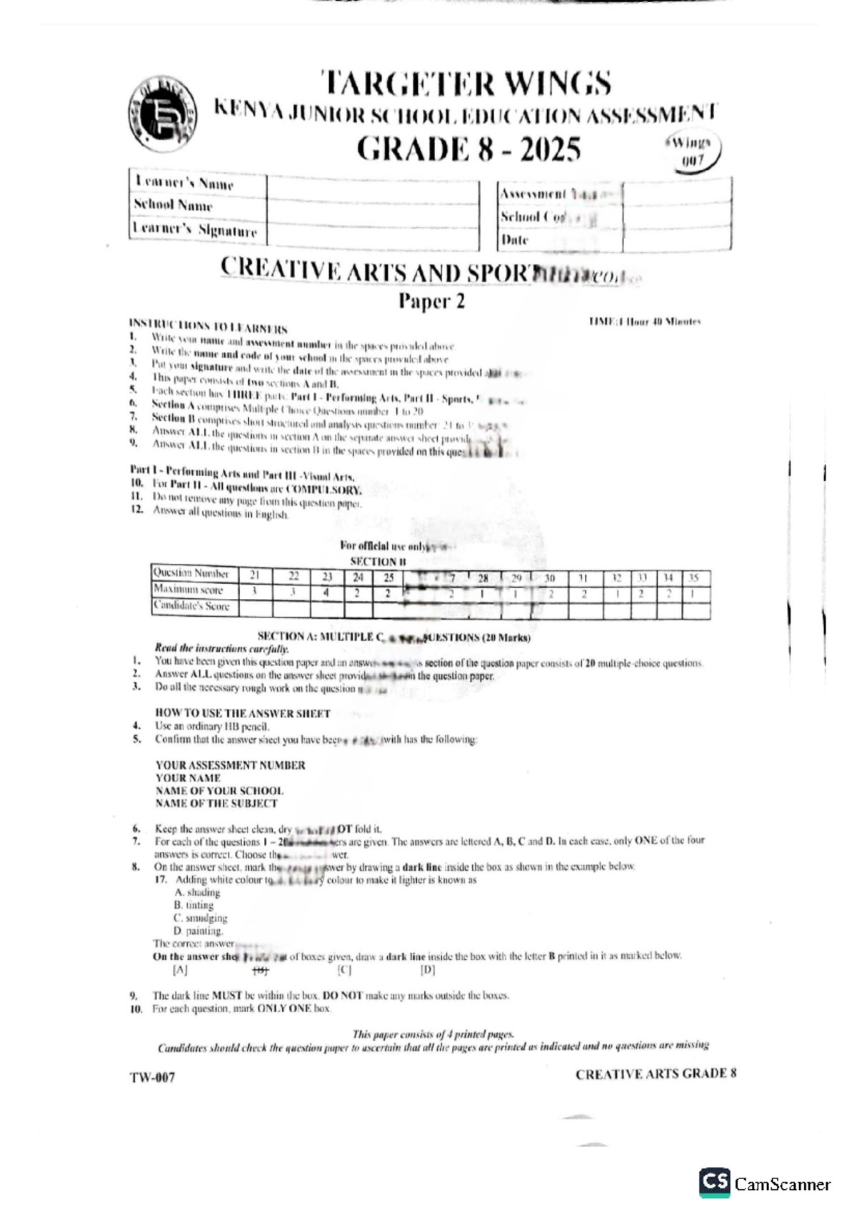 Creative Arts Assessment For Grade 8 Paper 2 Wings 007 Studocu