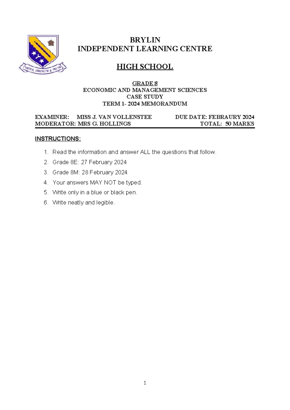 Grade 8 EMS Term 1 2024 Case Study - Memo & Assessment Guide - Studocu