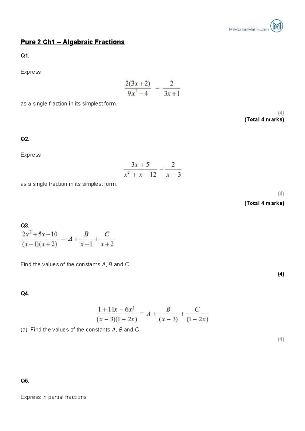 Pure 2 Ch1 - Algebraic Fractions Practice Questions - Studocu
