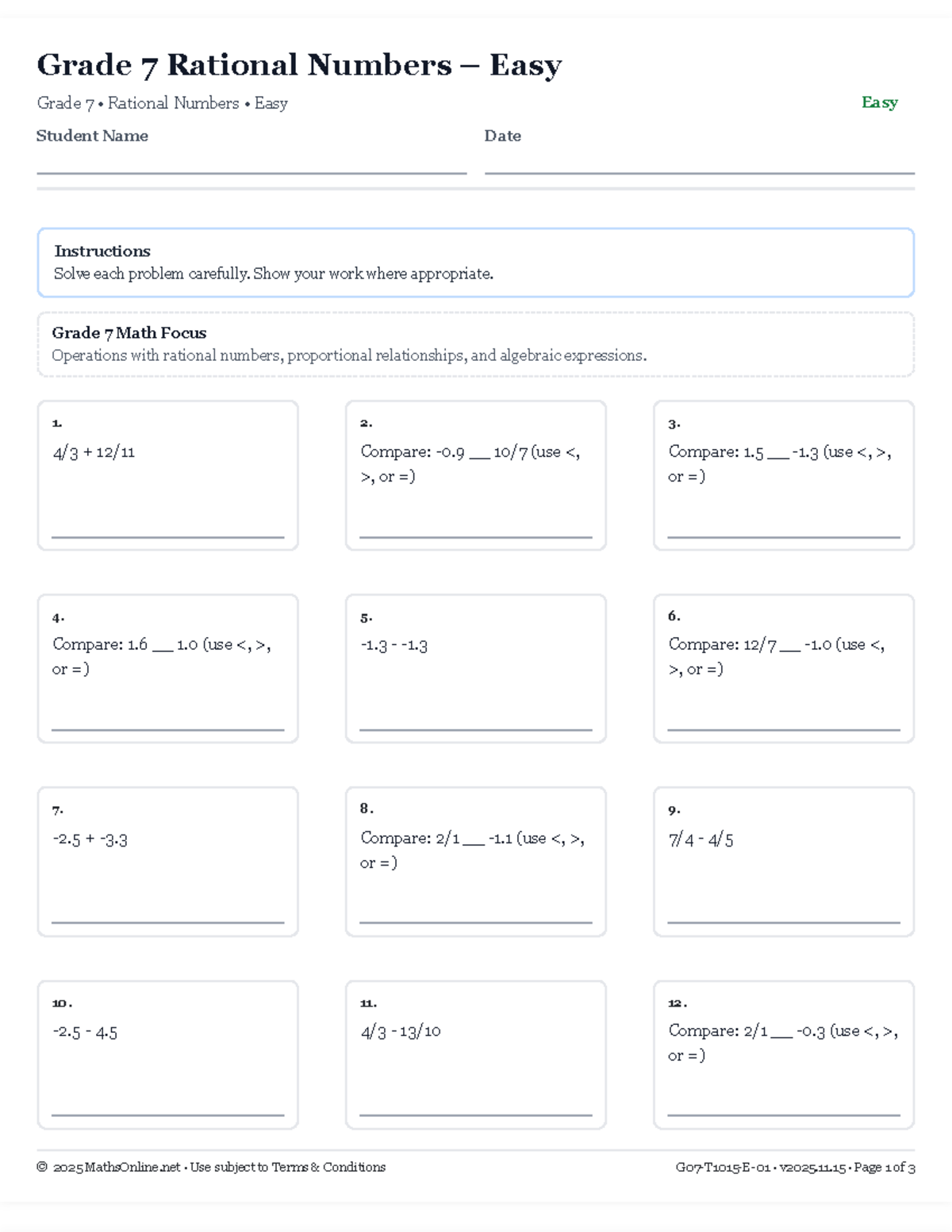Grade 7 Math Worksheet: Operations with Rational Numbers - Studocu