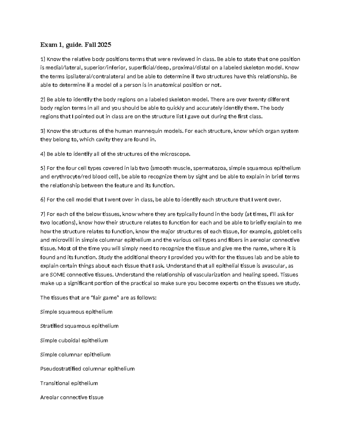 Anatomy Exam 1 Study Guide - Fall 2025 - Studocu