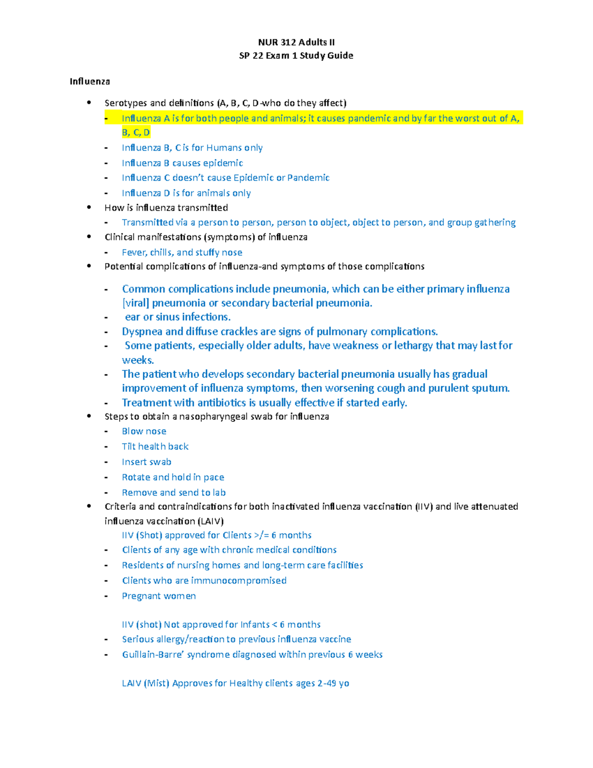 NUR 322 Exam 1 SP 22 Study Guide - SP 22 Exam 1 Study Guide Influenza ...