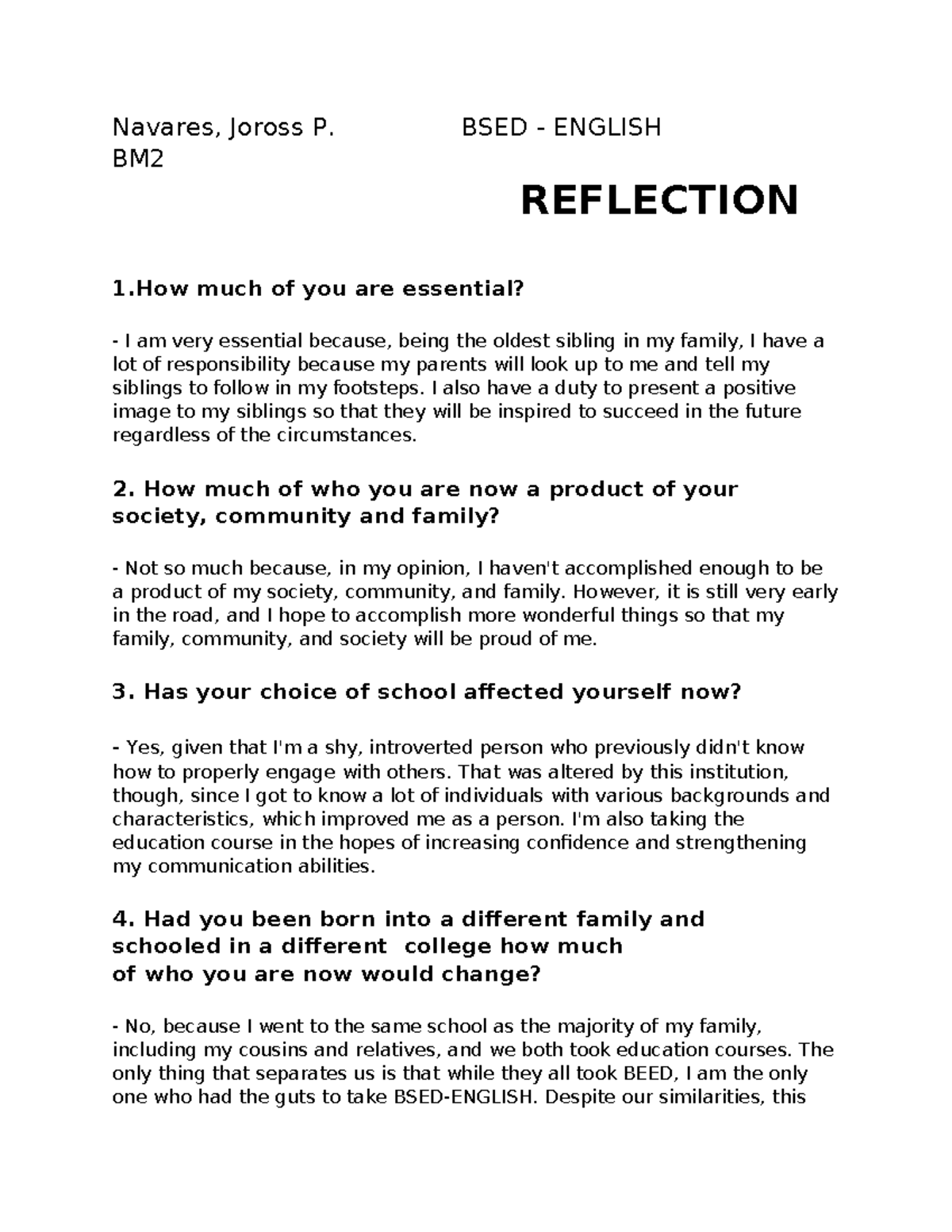 Navares, Joross P. ( Reflection) - Navares, Joross P. BSED - ENGLISH BM ...