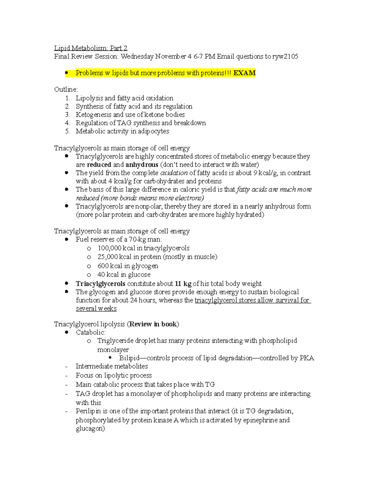 Lipid Metabolism II - Final Exam Review Notes with Key Concepts - Studocu