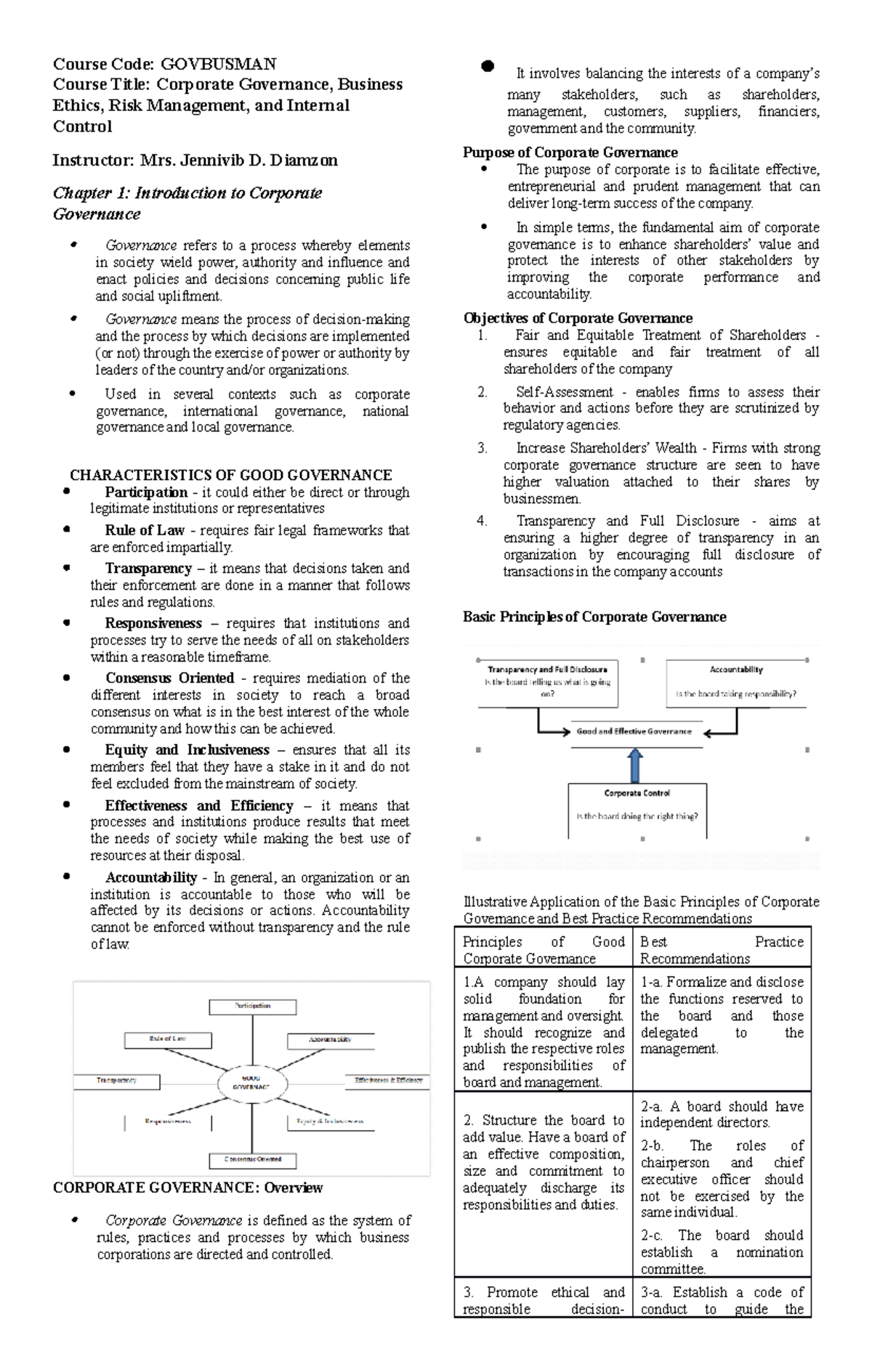 Notes - GOVBUSMAN - Chapter 1: Introduction to Corporate Governance ...
