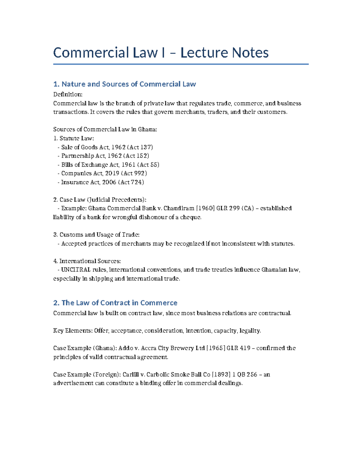 Commercial Law I Lecture Notes: Nature, Sources, and Key Concepts - Studocu