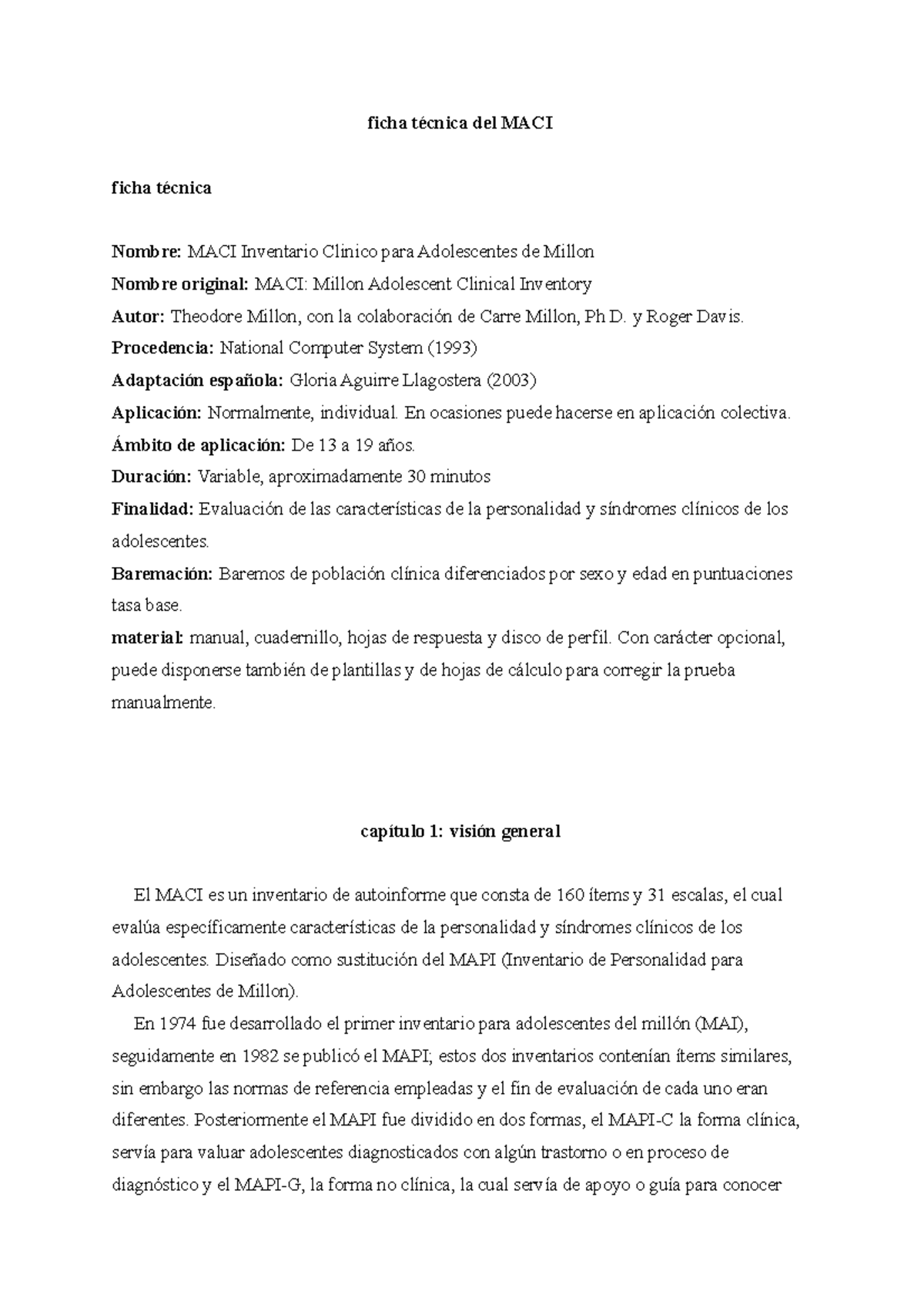 Ficha técnica del MACI (Inventario Clínico para Adolescentes) - Studocu