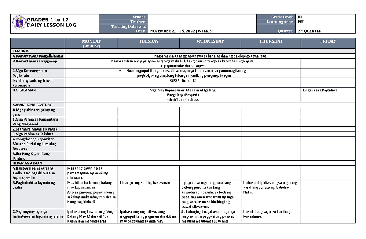 DLL ESP 3 Q2 W3 - DLL - GRADES 1 to 12 DAILY LESSON LOG School: Grade ...