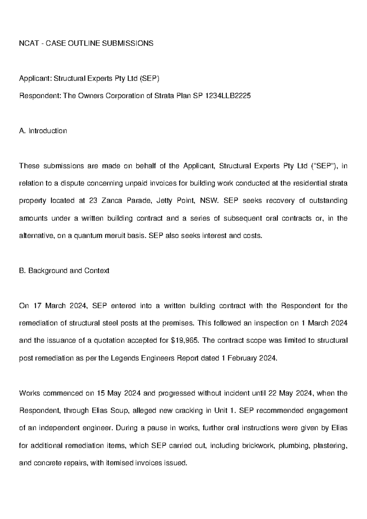 NCAT Case Outline Submission: Quantum Meruit Claim by SEP - Studocu