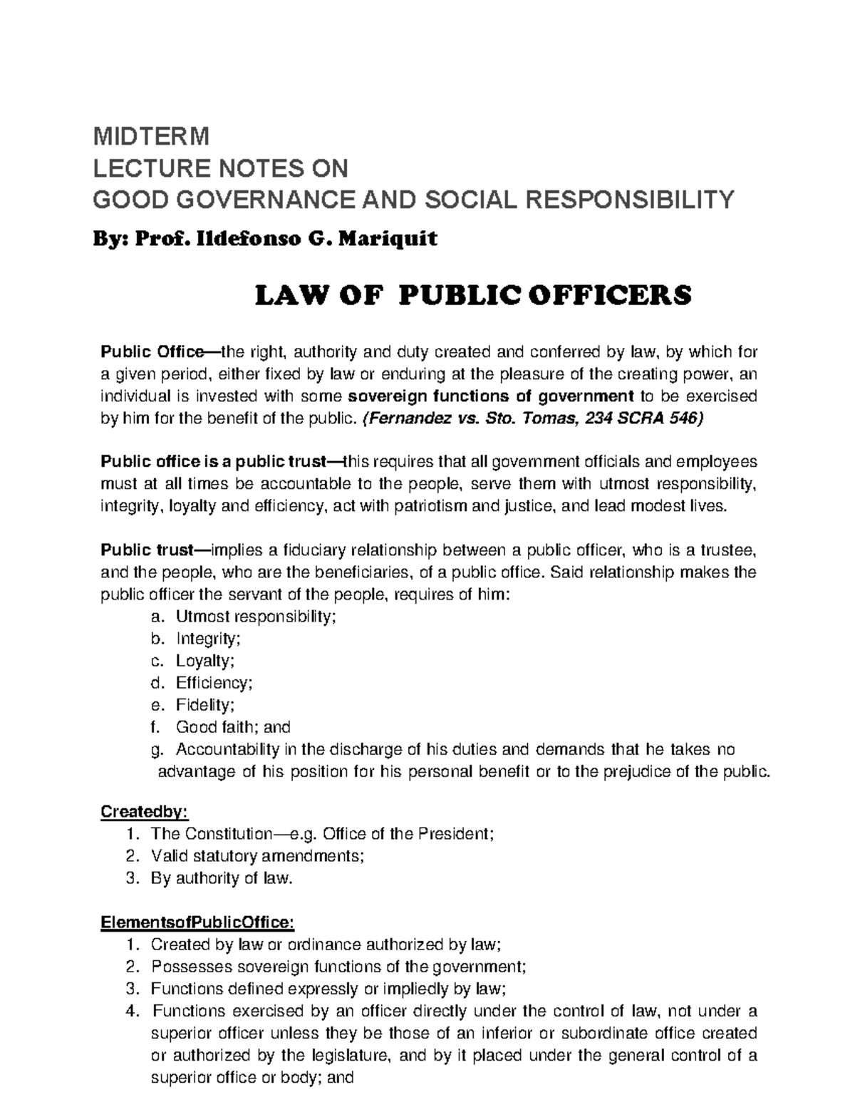 MIDTERM LECTURE NOTES ON GOOD GOVERNANCE (LAW OF PUBLIC OFFICERS) - Studocu