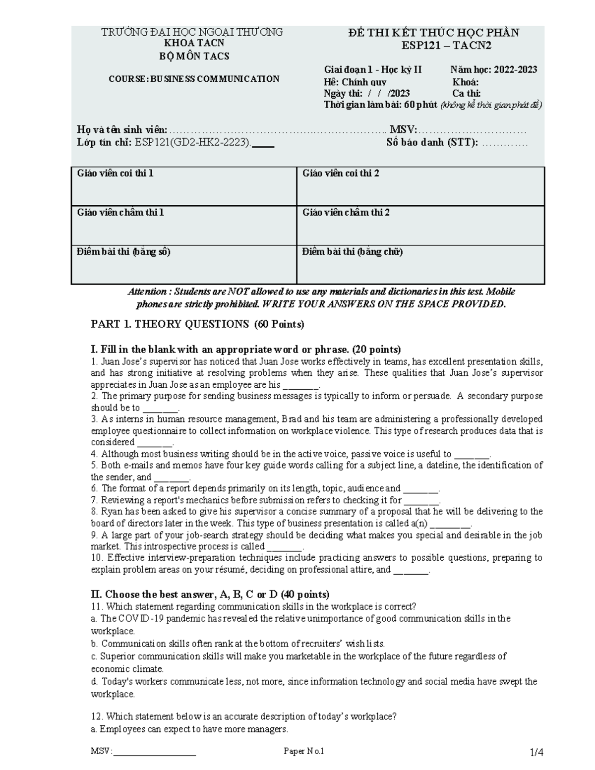 Đề thi cuối kỳ TACN2 FTU: Giao tiếp Kinh doanh ESP121 (2023) - Document Preview