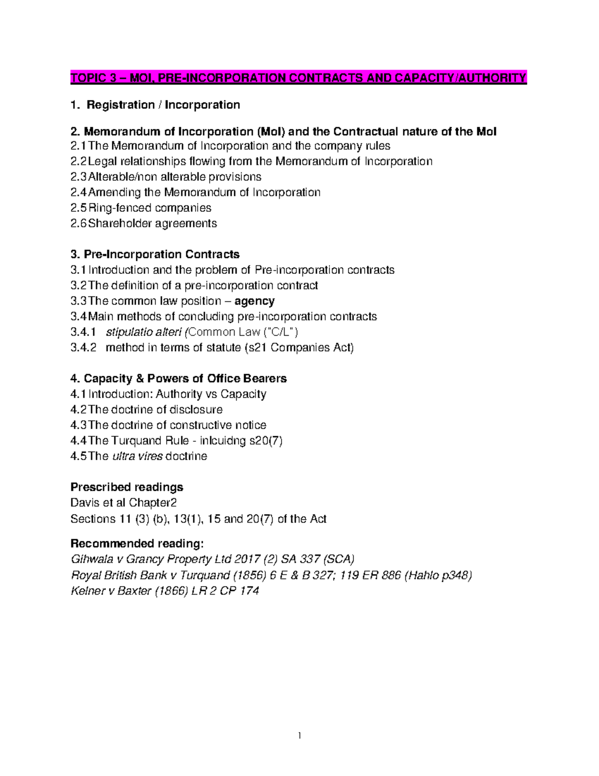 Topic 3 - Lecture Notes: MoI, Contracts, and Company Incorporation (LAW ...