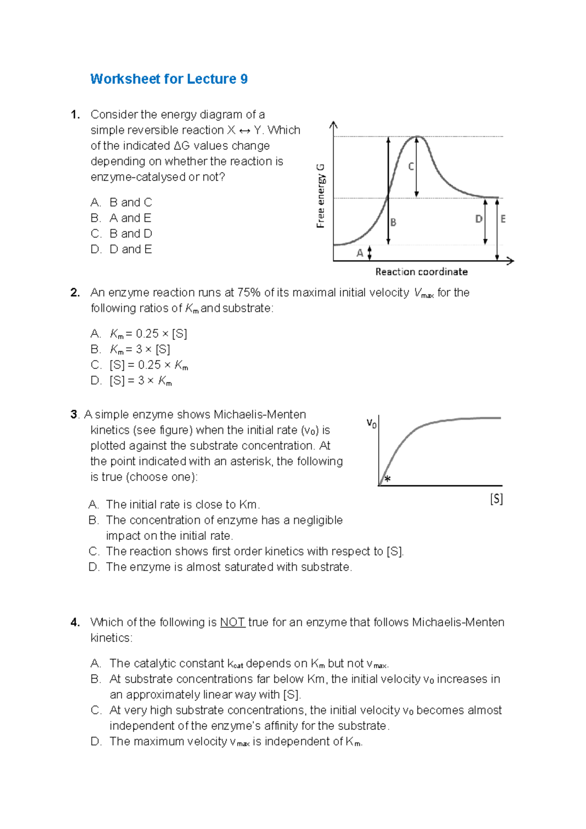 Worksheet for Lecture 9-10: Enzyme Kinetics and Inhibition - Studocu