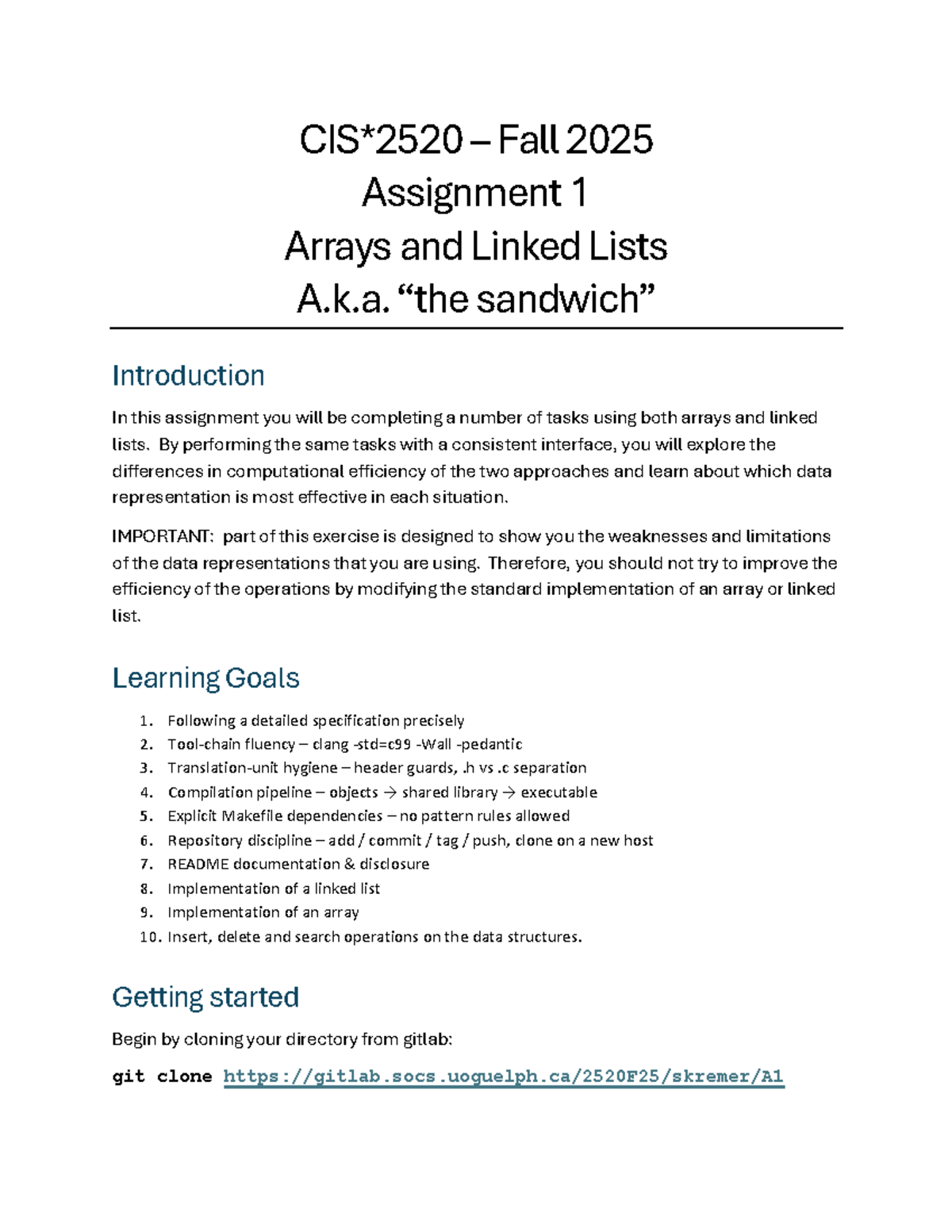 CIS2520 A1 - Arrays and Linked Lists Implementation Guide - Studocu