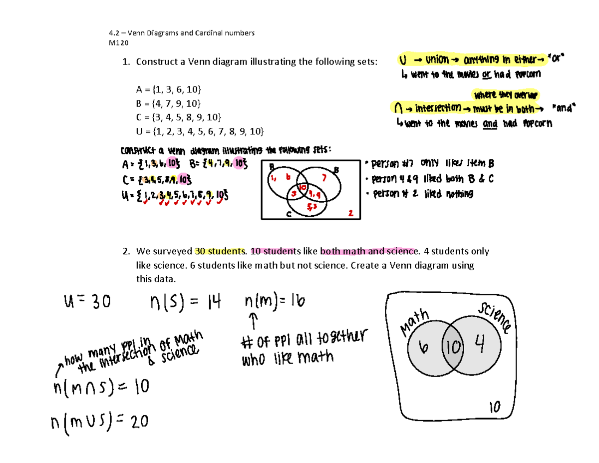 Chapter 4.2 Venn diagrams and Cardinal Numbers - M 1. Construct a Venn ...