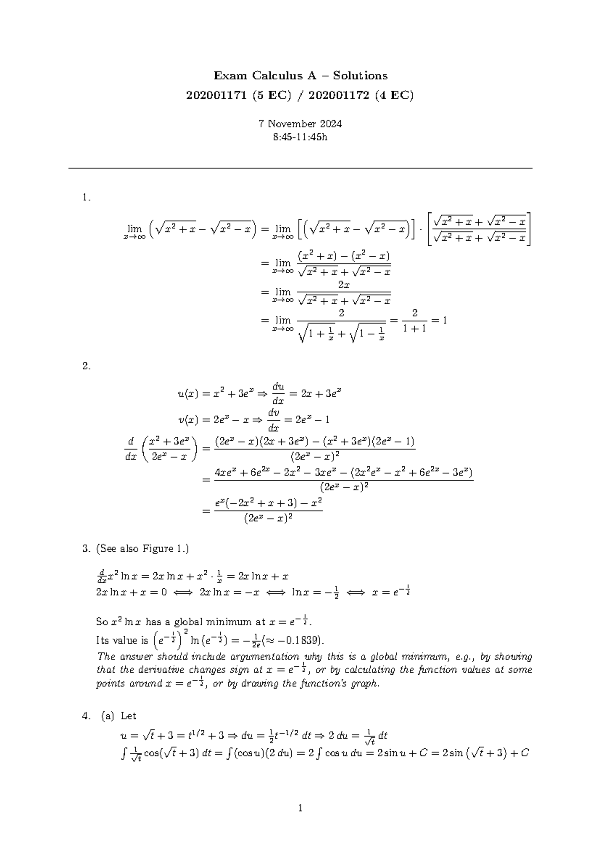2411 Calculus A Final Exam Solutions - 7 Nov 2024 - Studeersnel