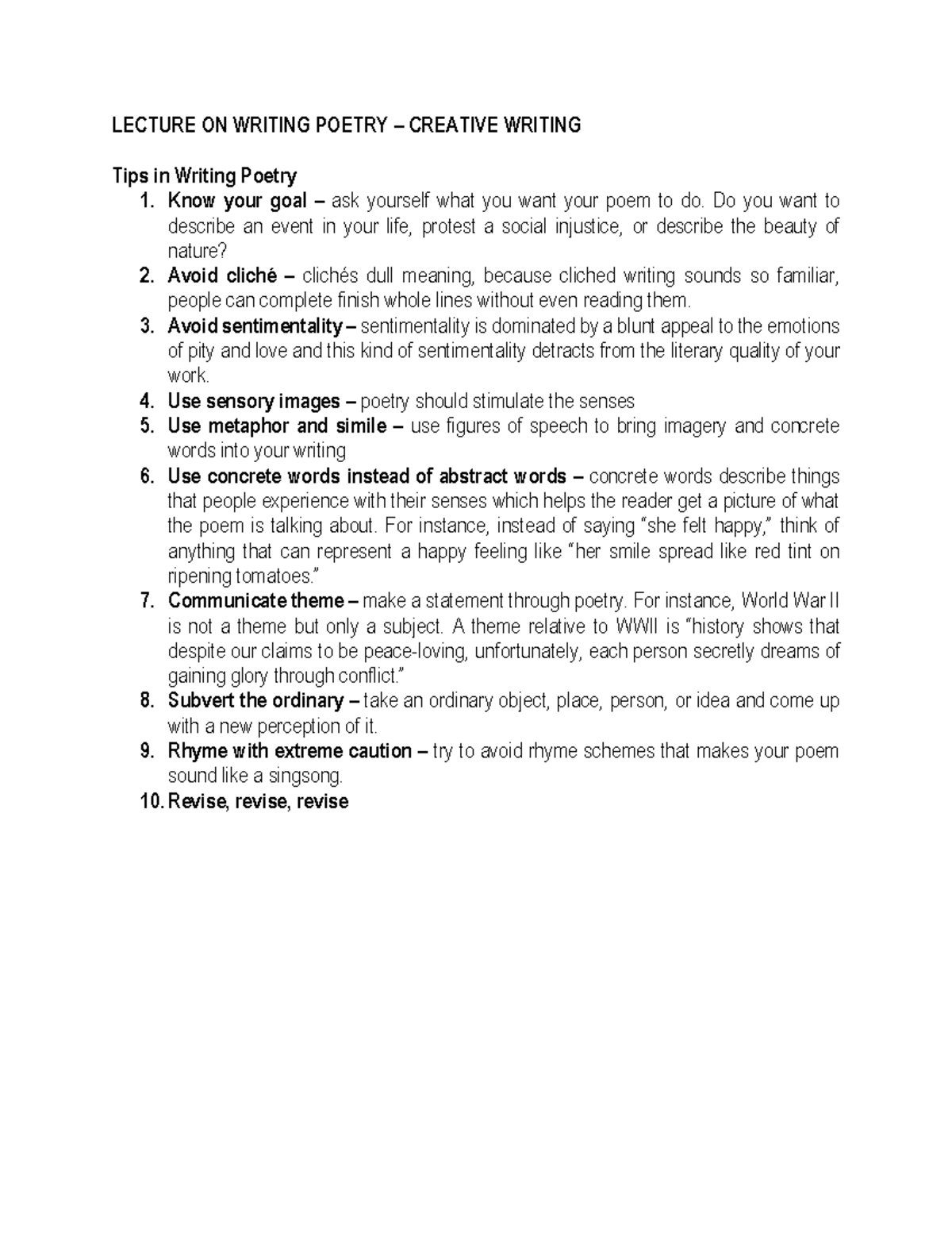 Q1-WK5: Lecture on Creative Writing - Tips for Poetry - Studocu