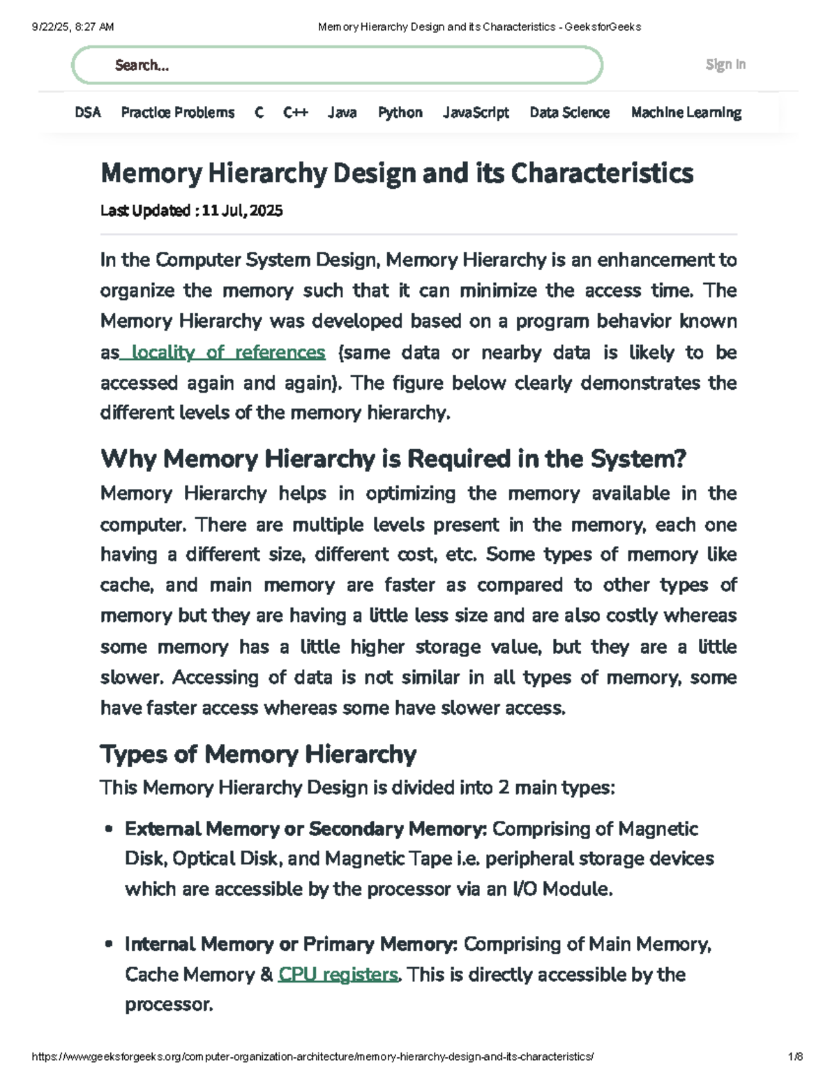 Memory Hierarchy Design and Its Characteristics - CS 101 Lecture Notes ...
