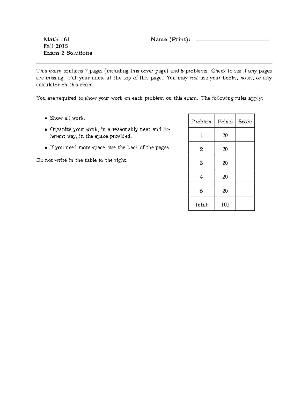 Math 161 - Calculus Exam 2 Solutions - Fall 2015 Practice Paper - Studocu