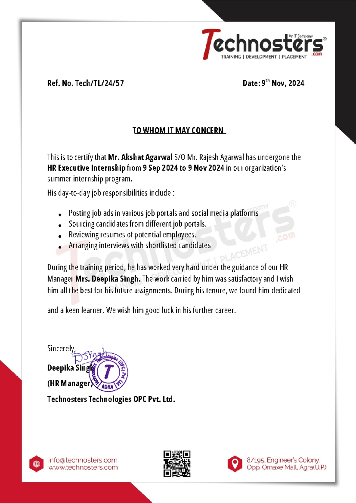 Akshat HR Completion - file - Sincerely, (HR Manager) Deepika Singh Ref ...
