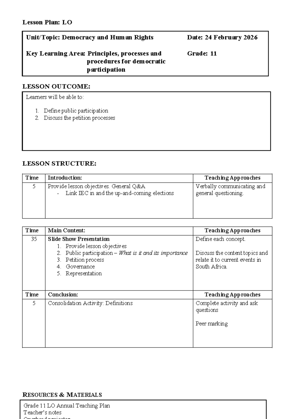 Grade 11 Term 1 Week 7 Lesson Plan: Democracy & Human Rights - Studocu