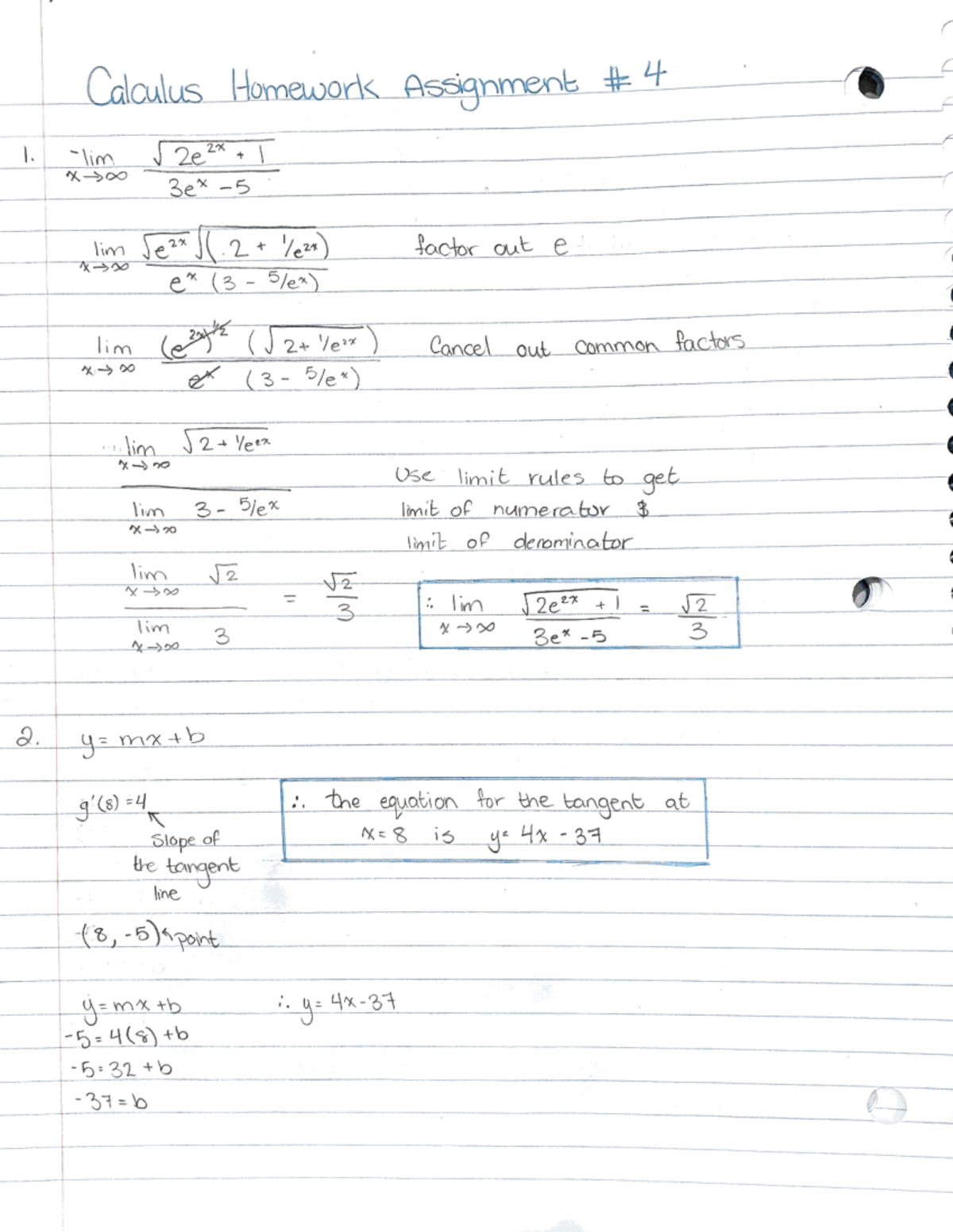 Calculus Homework Assignment #4 - Calculus 1000A/B - 2e I lim e e 2x ...