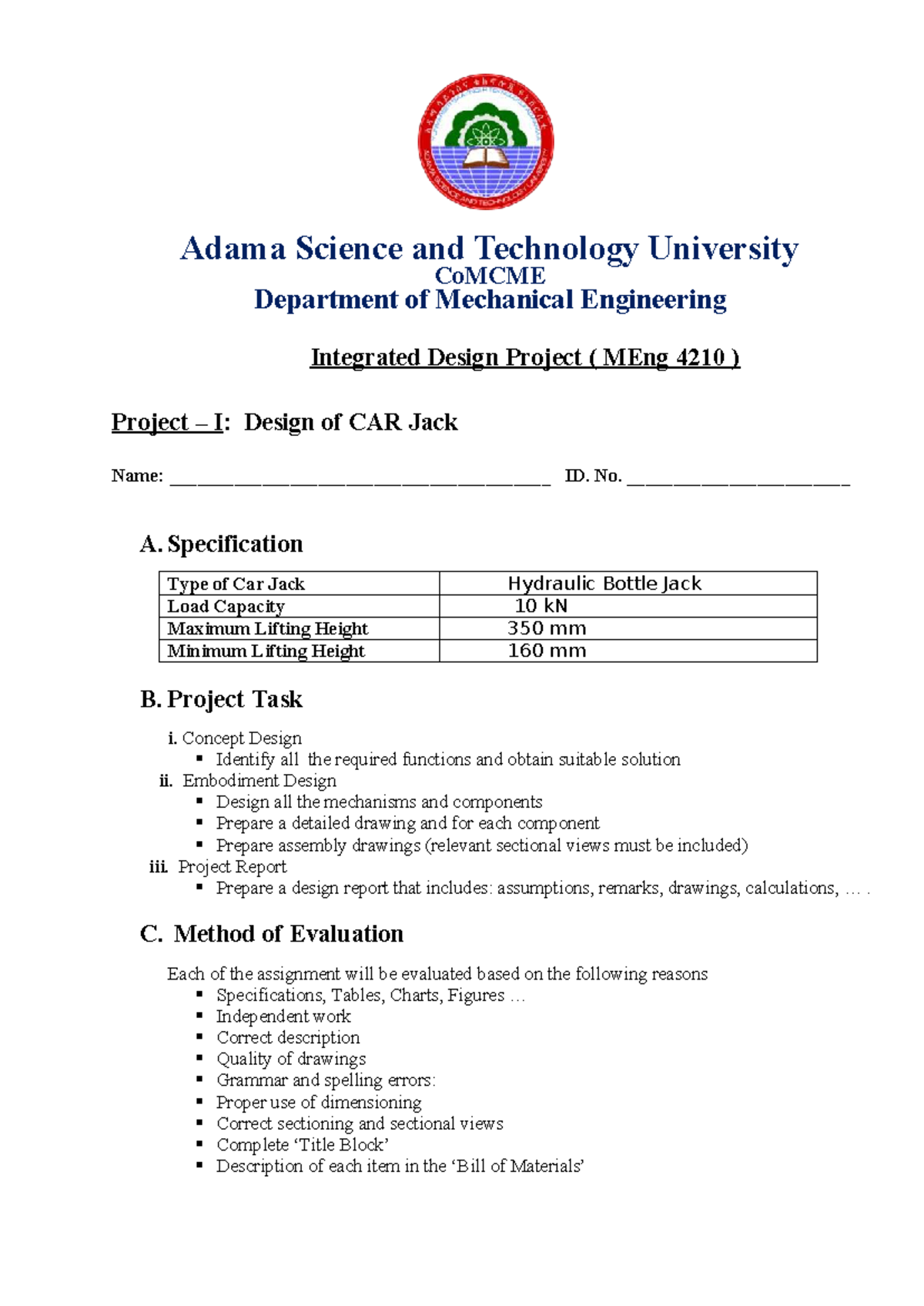 IDP (MEng 4210) - Car Jack Design Project Task Sheet - Studocu