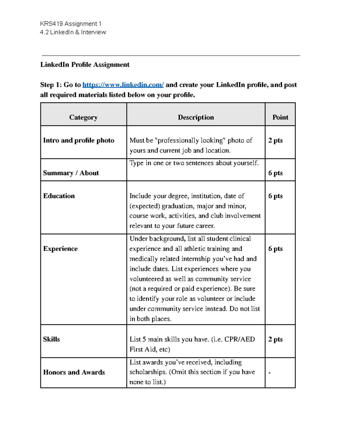 KRS419 Assignment 1: LinkedIn Profile & Interview Guide - Studocu