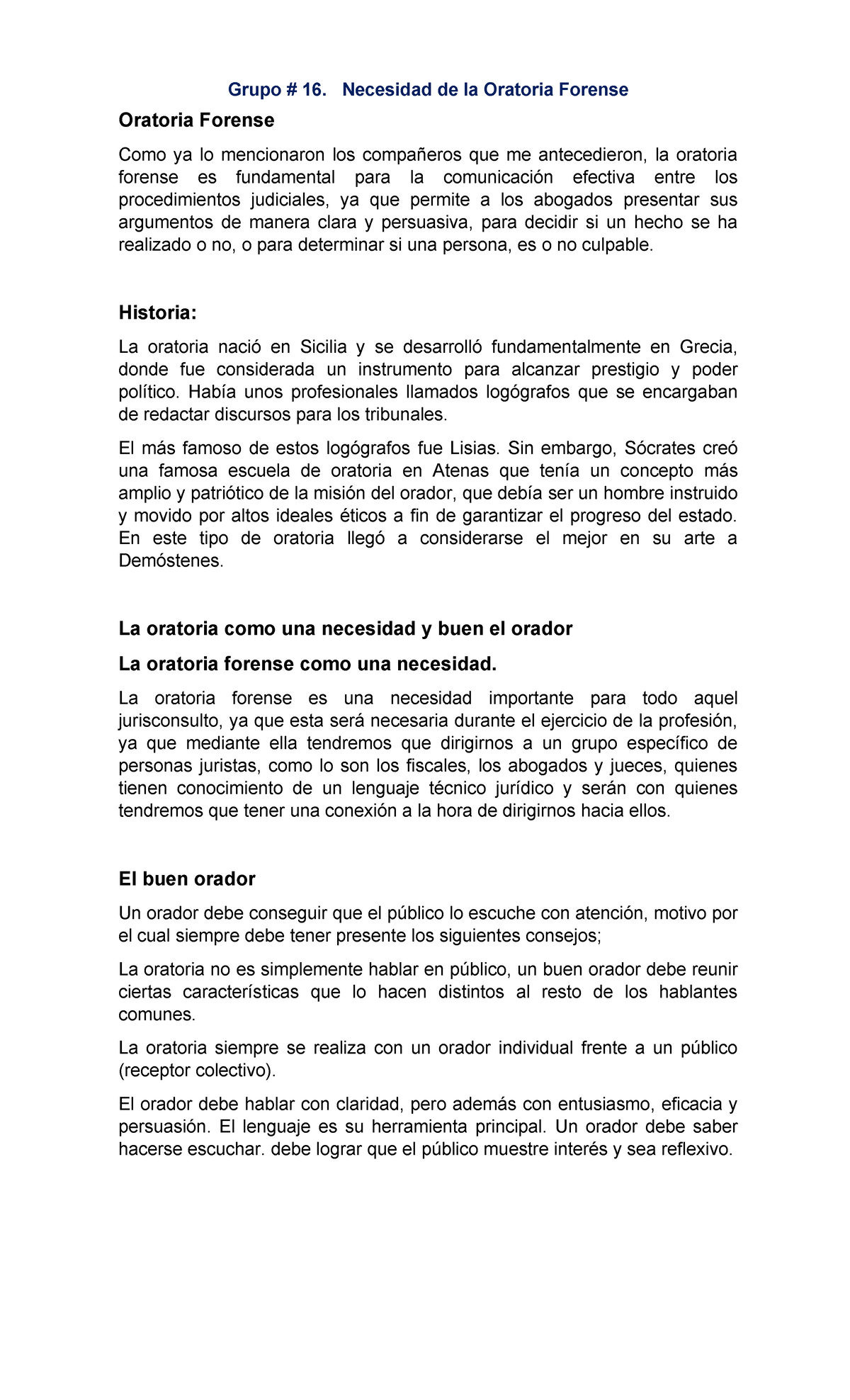 Grupo 16: Importancia de la Oratoria Forense en el Ejercicio Legal ...