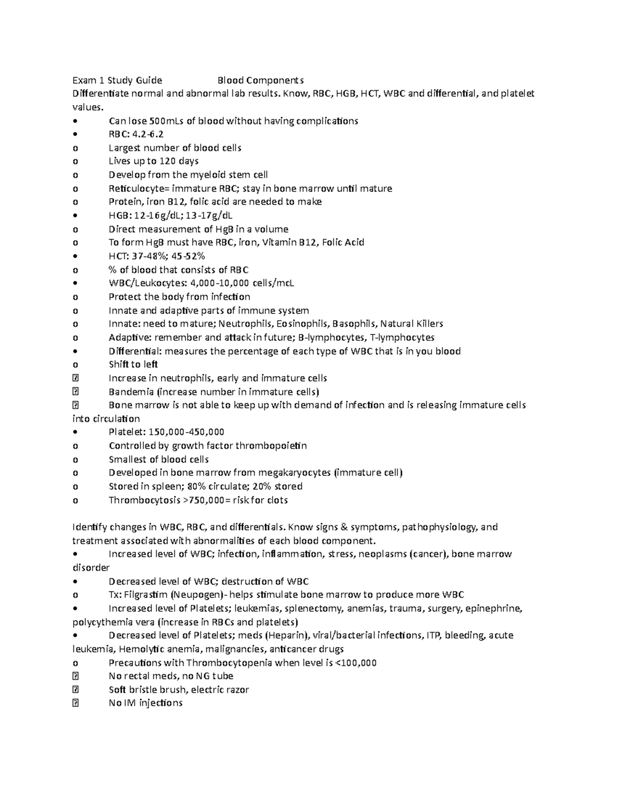 Blood Study Guide - Exam 1 Study Guide Blood Components Differentiate ...