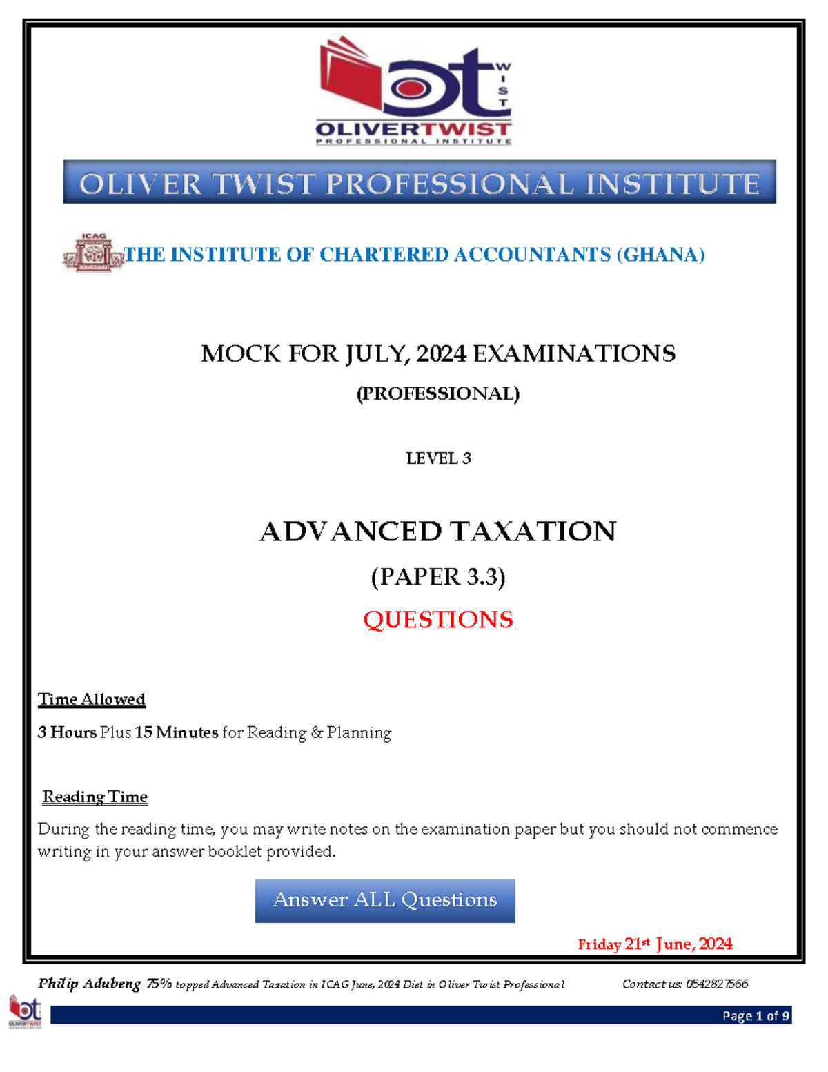 AT Mock Exam Questions for July 2024 - Advanced Taxation Level 3 - Studocu