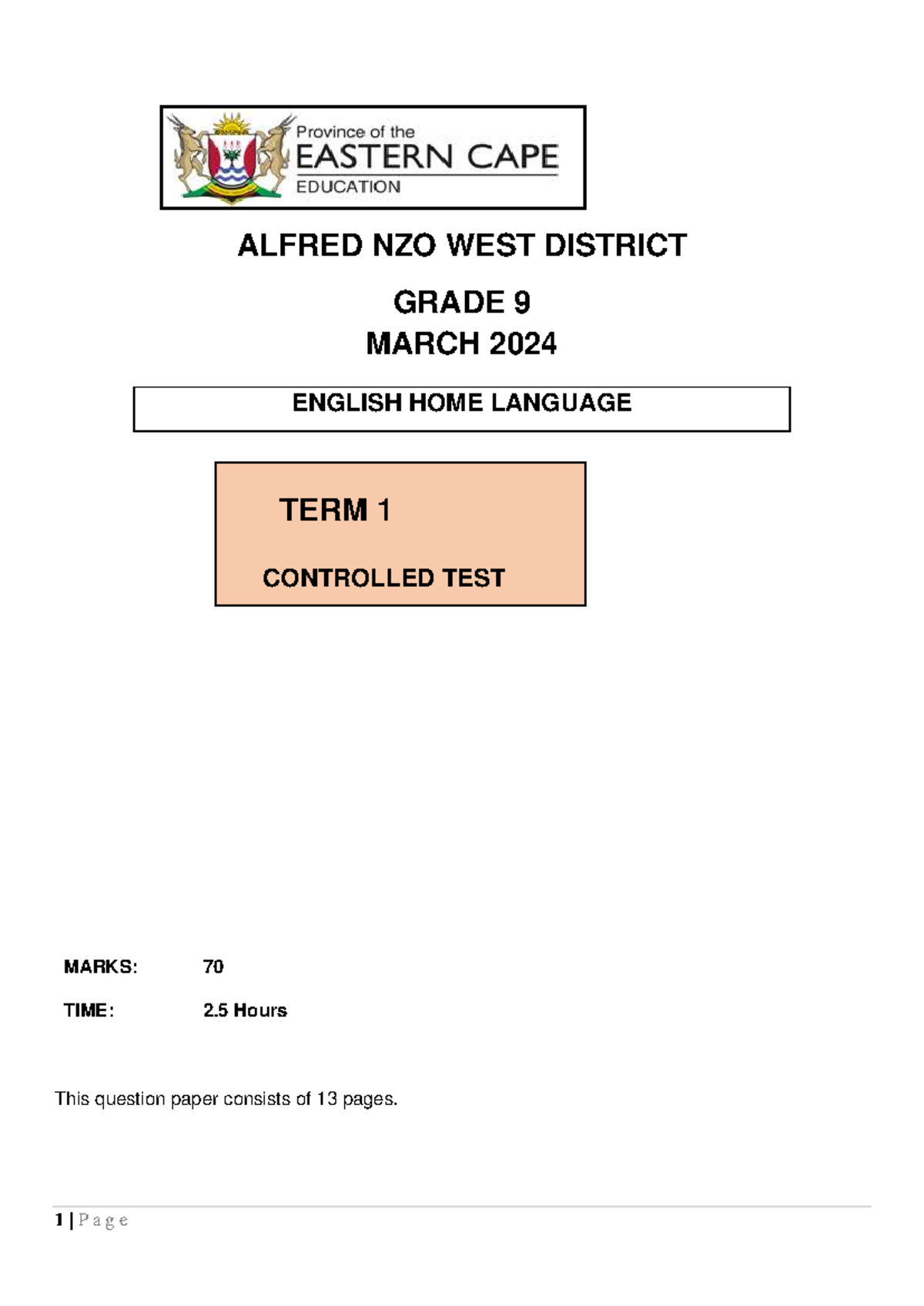 English Grade 9 HL Term 1 Controlled Test March 2024 - Studocu