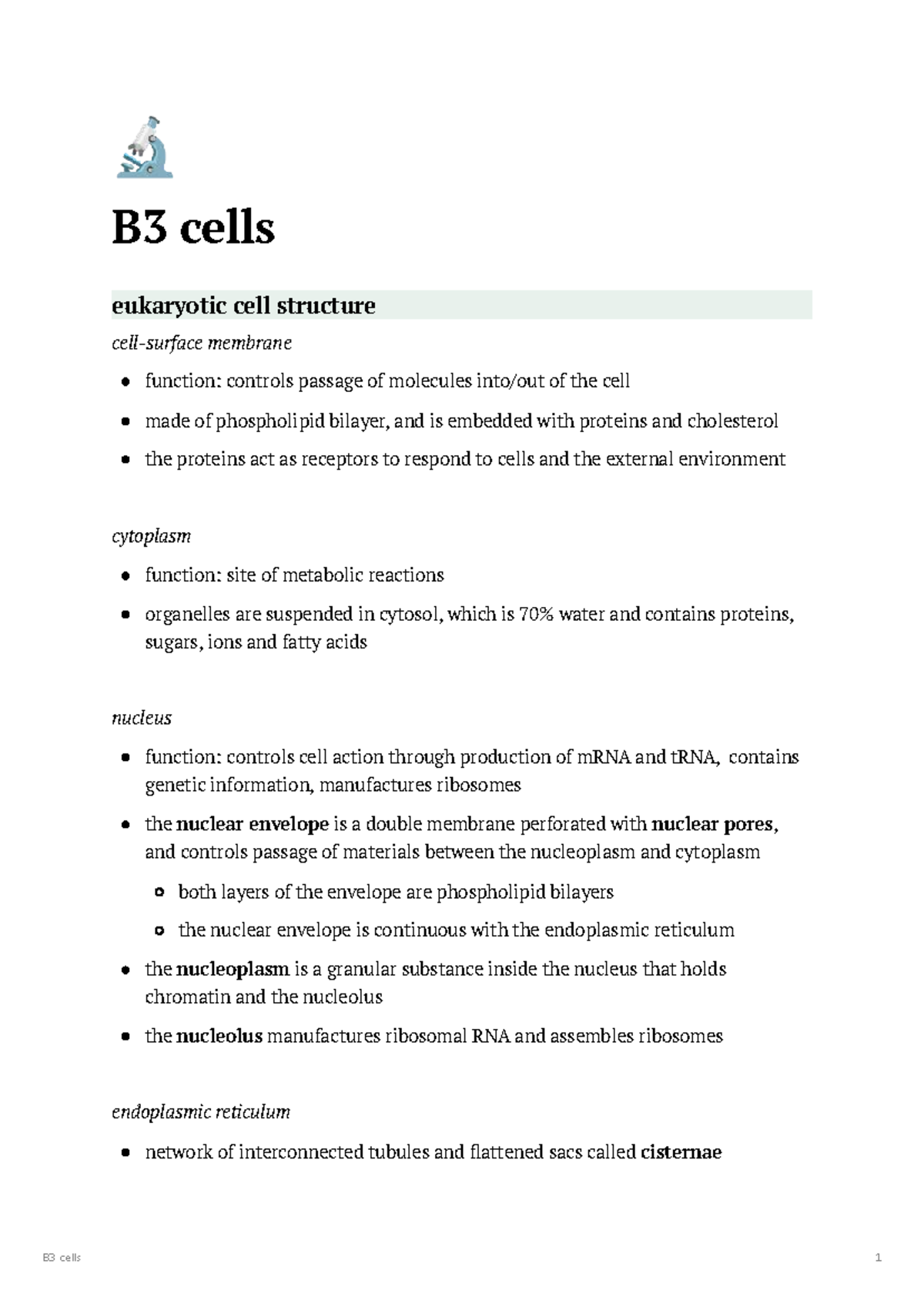 B3 Cells: Eukaryotic & Prokaryotic Structures and Functions Notes - Studocu