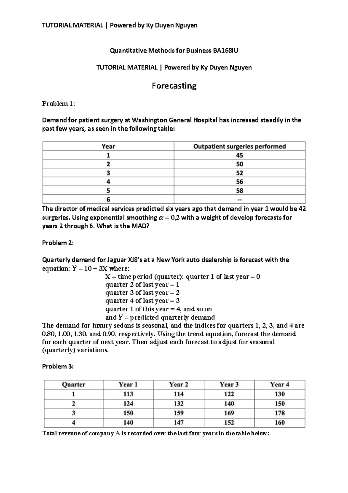 Quantitative Methods for Business BA168IU: Tutorial Material ...