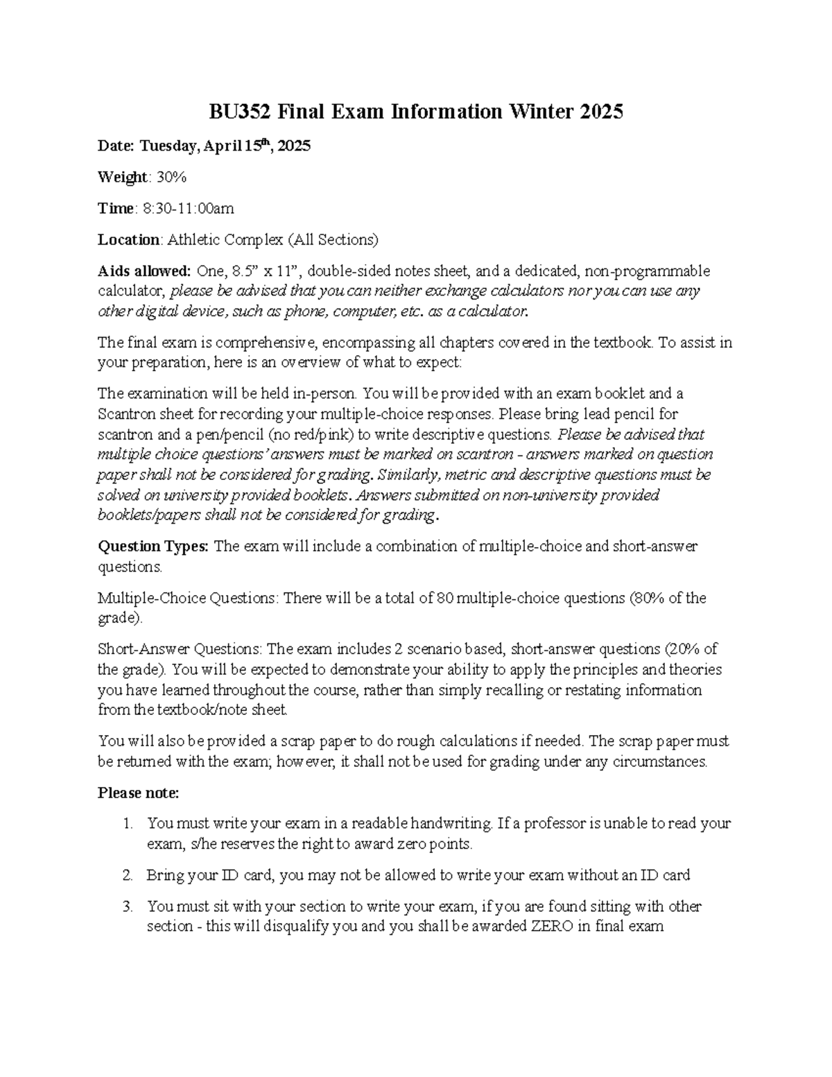 BU352 Winter 2025 Final Exam Guidelines and Important Details - Studocu