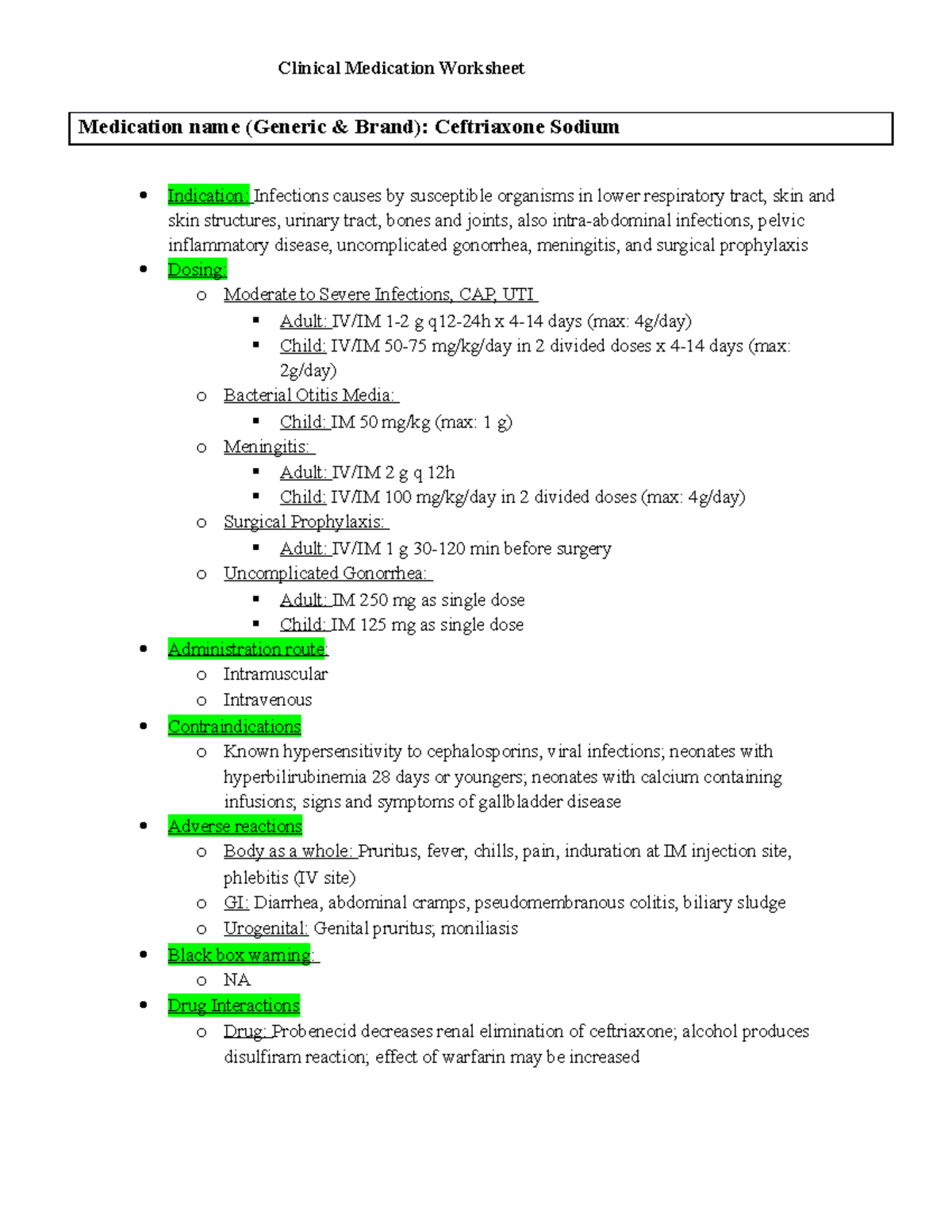 Medication worksheet - Ceftriaxone - Clinical Medication Worksheet ...