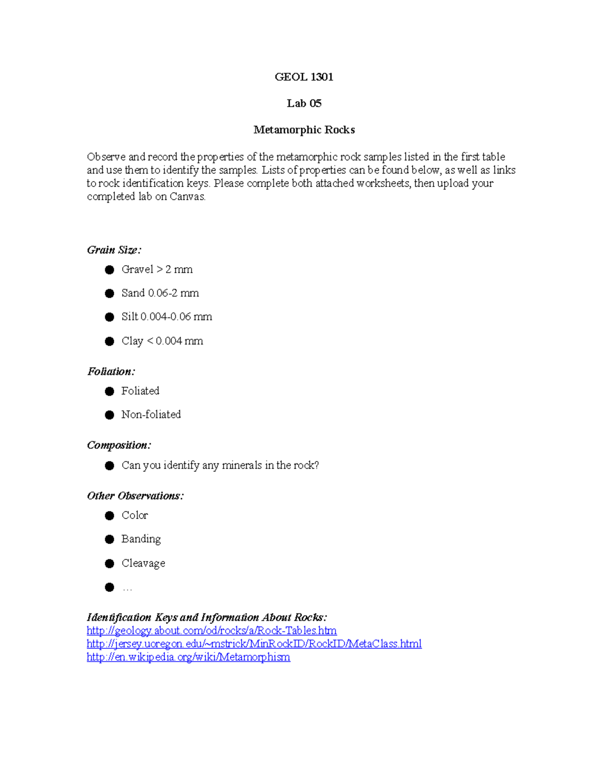 GEOL 1301 Lab 05: Identifying Metamorphic Rocks and Their Properties ...