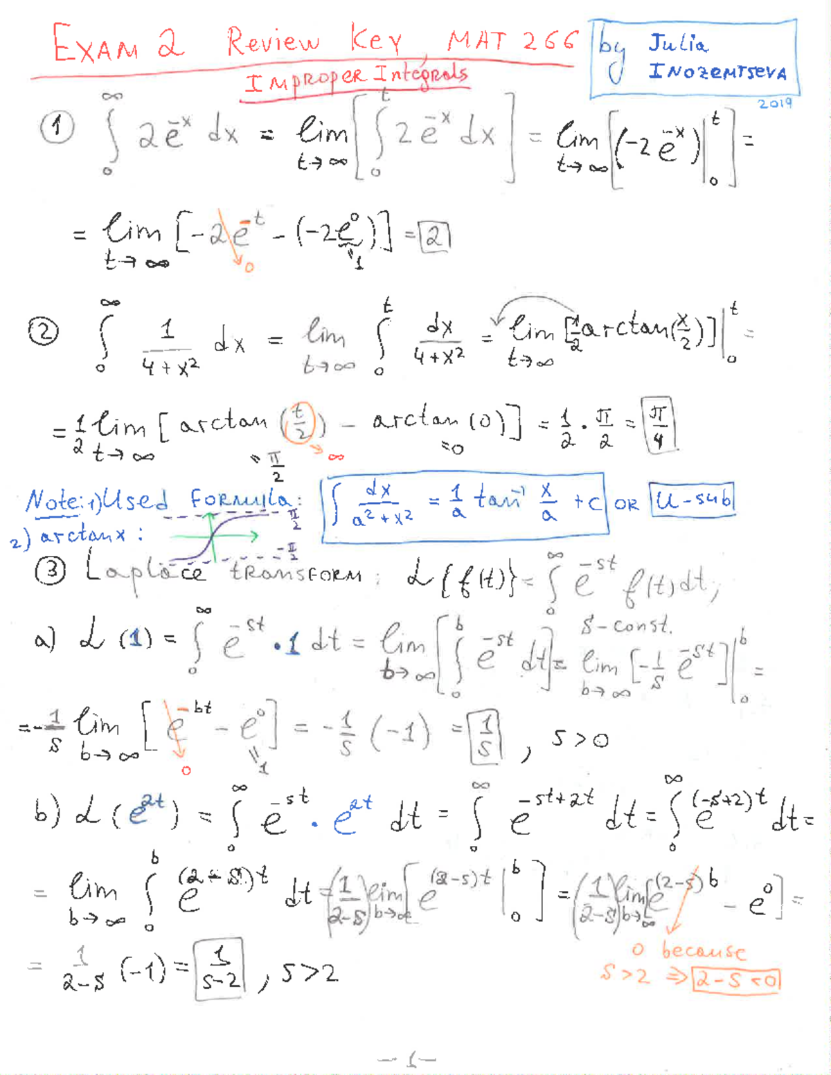 MAT 266 Exam 2 Review Key: Solutions for Improper Integrals - Studocu