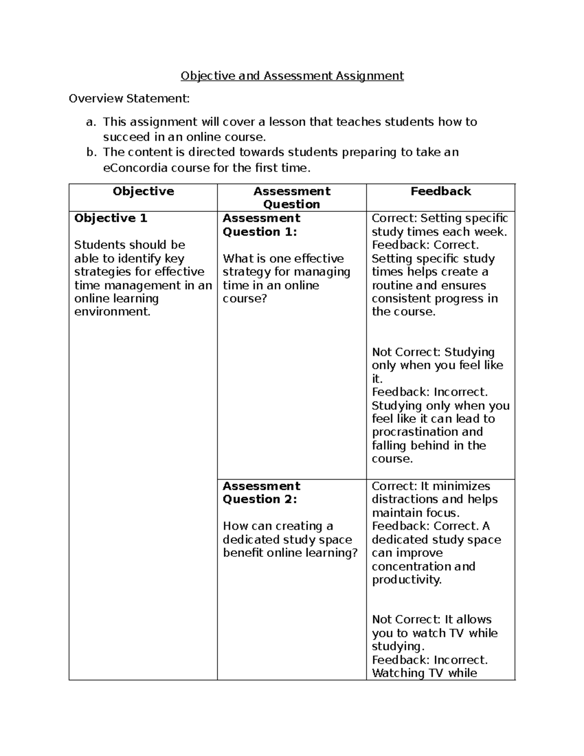 Objective and Assessment Assignment - Objective and Assessment ...