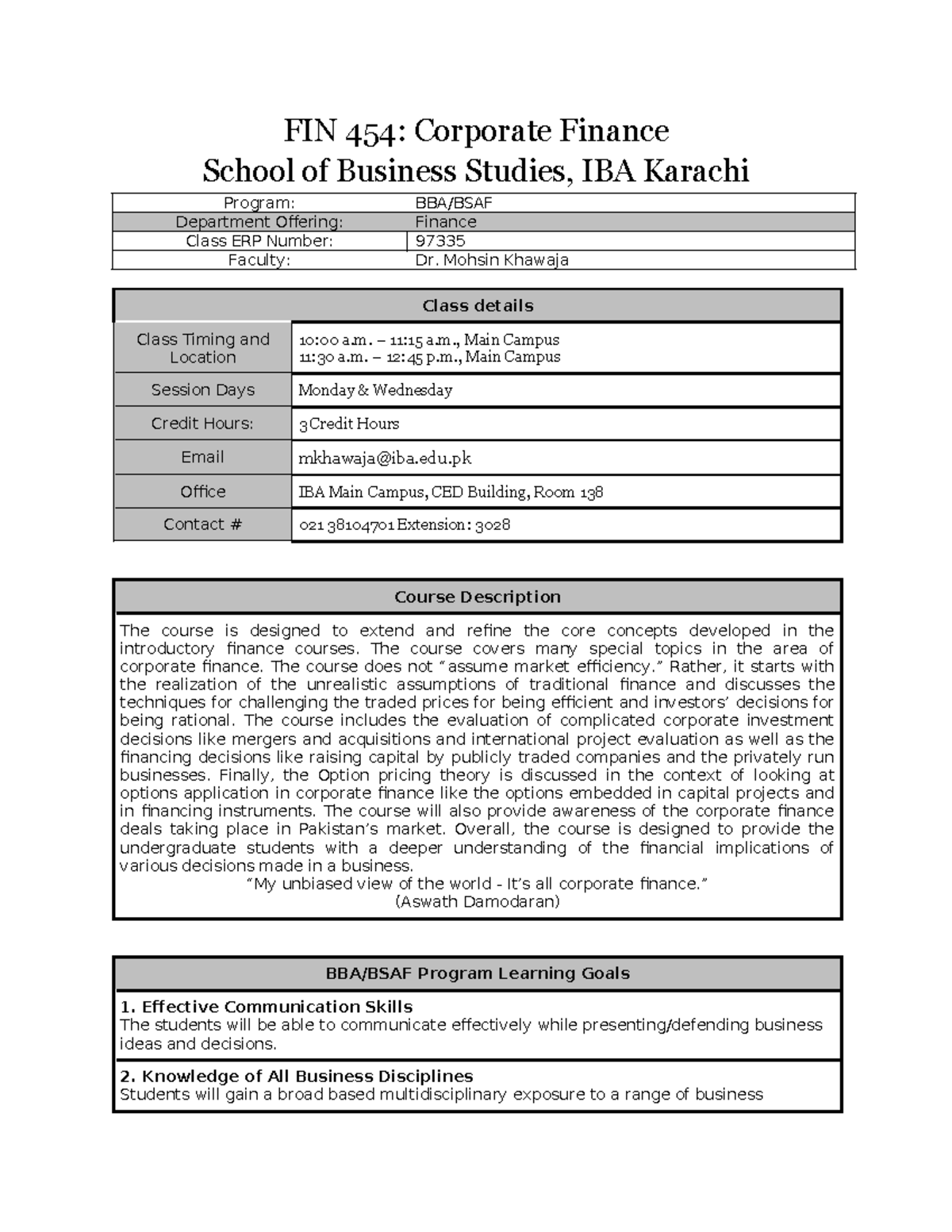 FIN 454: Corporate Finance Course Outline and Key Concepts - Studocu