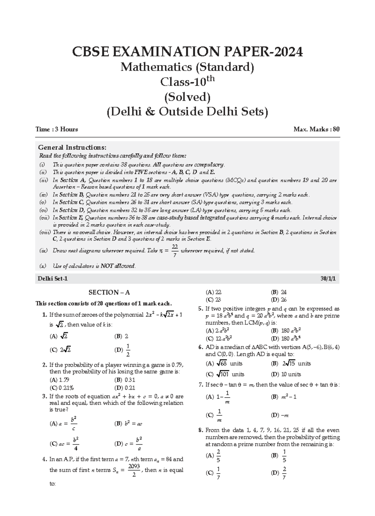 CBSE MATHEMATICS (STANDARD) Solved Paper 2024 - Revision Notes - Studocu