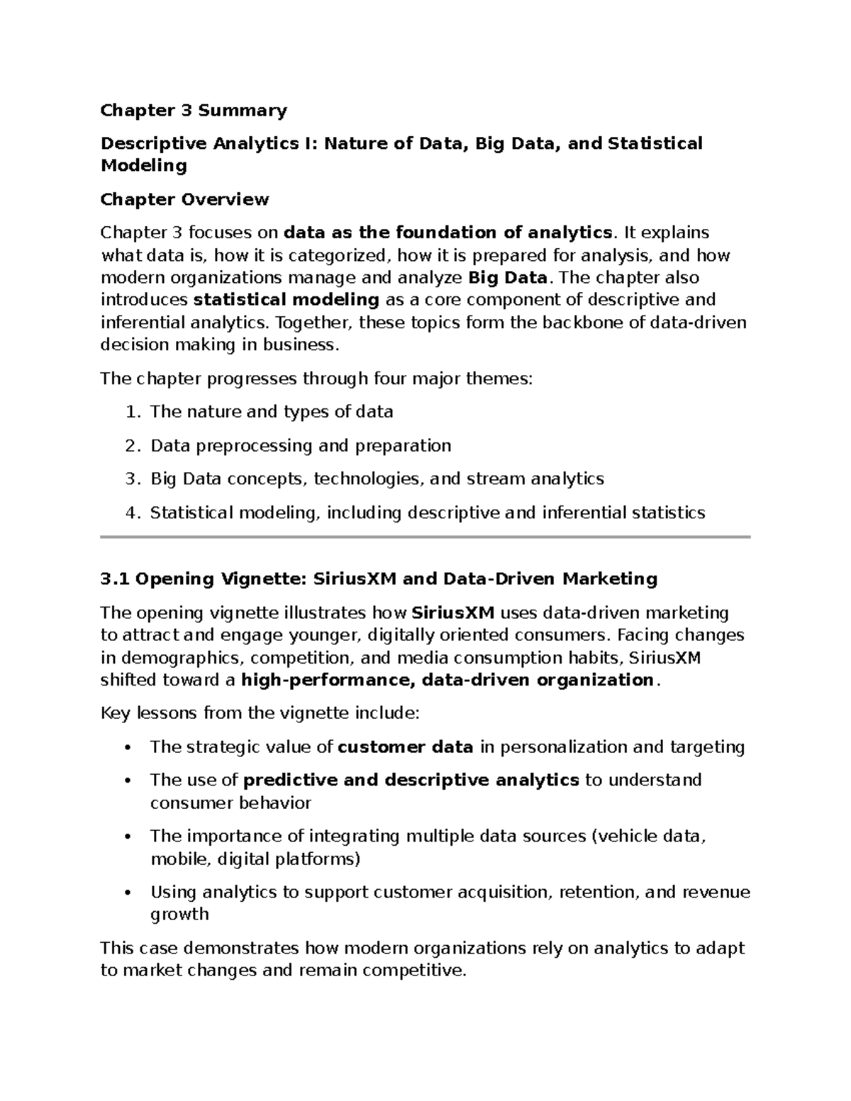 Chapter 3 Summary: Descriptive Analytics I - Data, Big Data, & Modeling ...