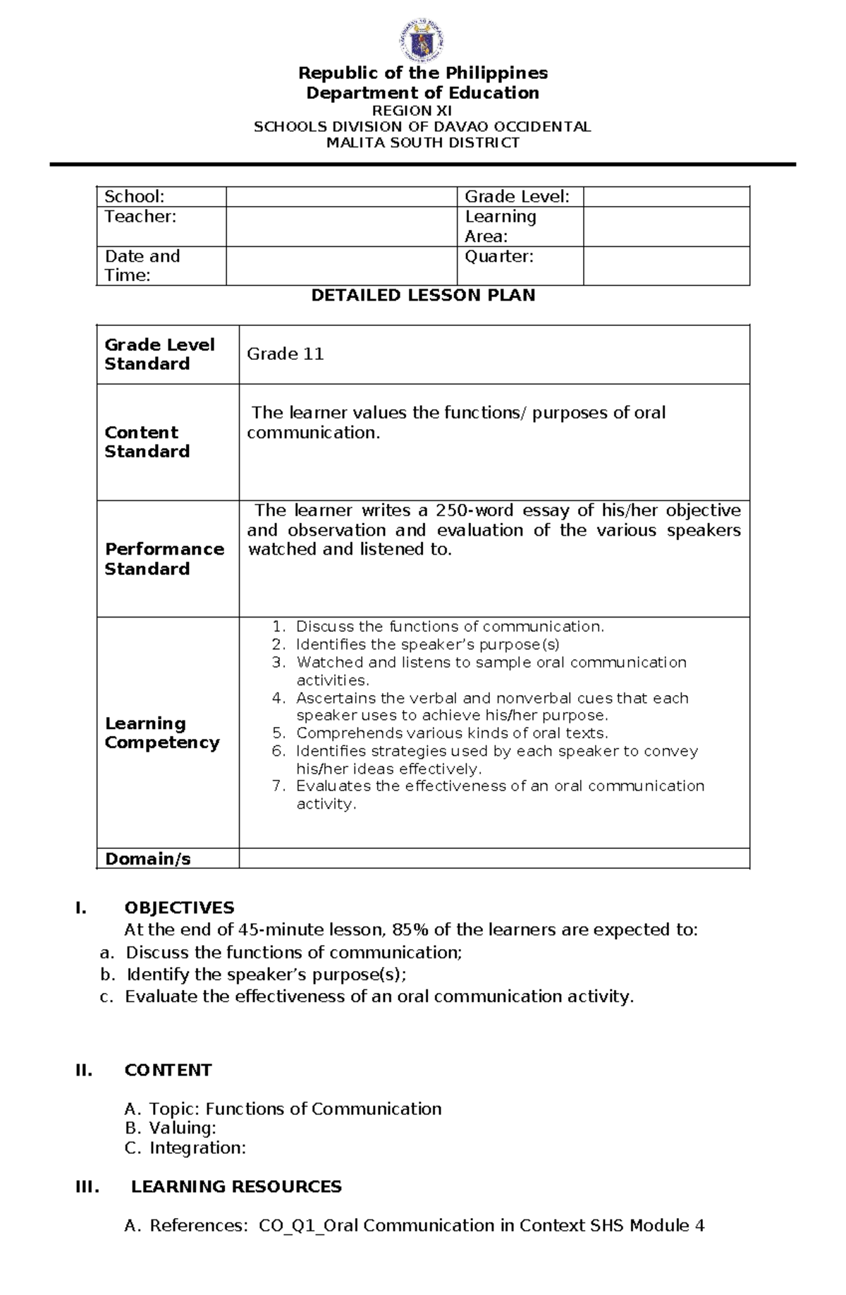 SHS DLP: Functions of Oral Communication - Grade 11 Lesson Plan - Studocu