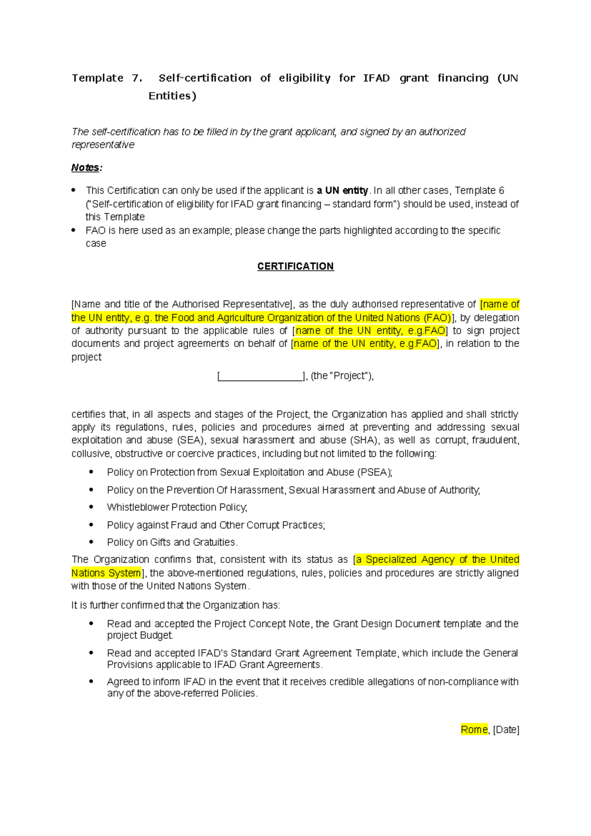 Self-Certification Template for IFAD Grant Eligibility (UN Entities ...