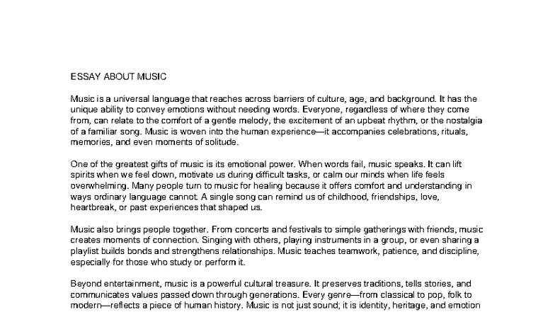 ESSAY ABOUT MUSIC: A Universal Language and Its Impact - Studocu