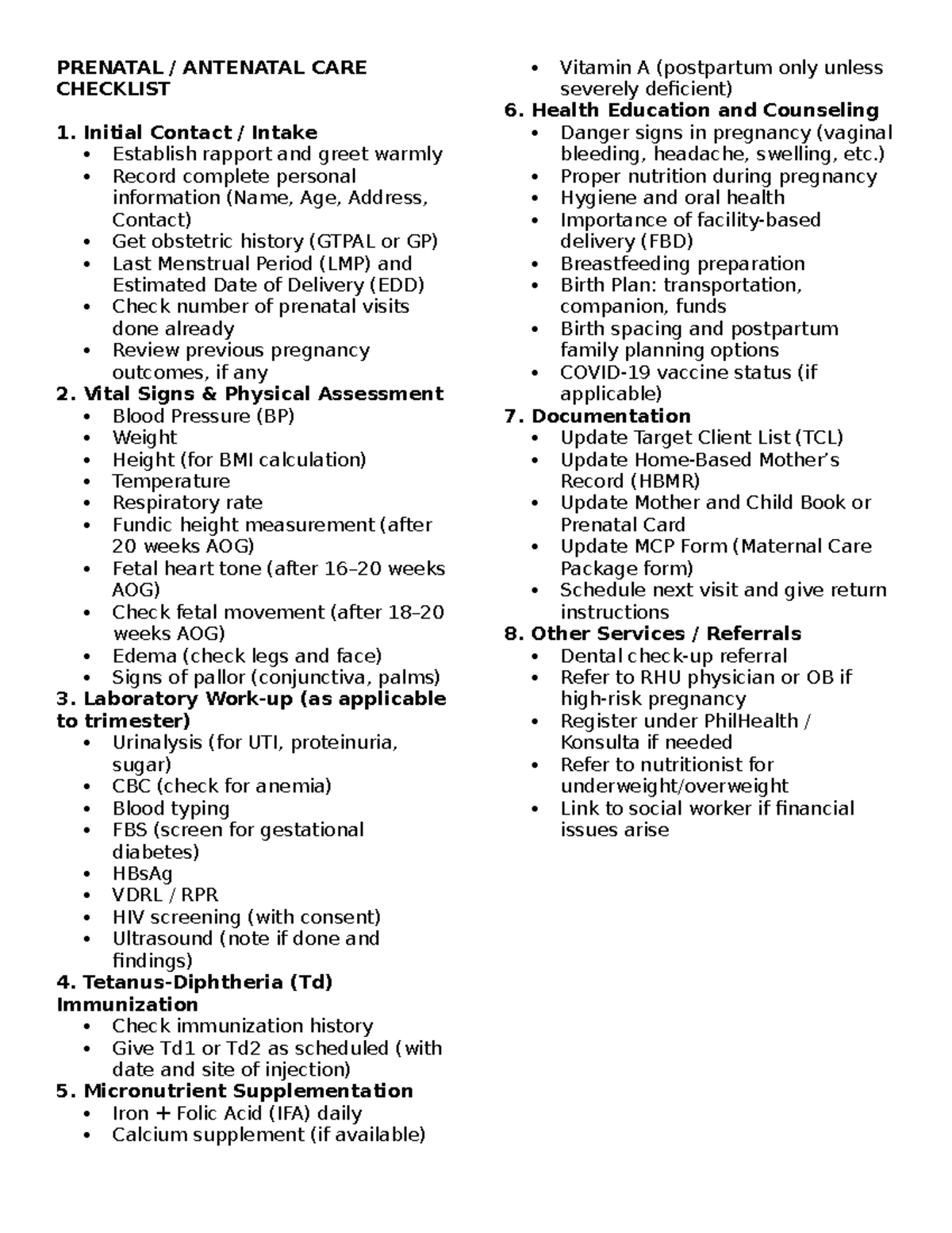 ANC Checklist: Comprehensive Prenatal Care Guide - Studocu