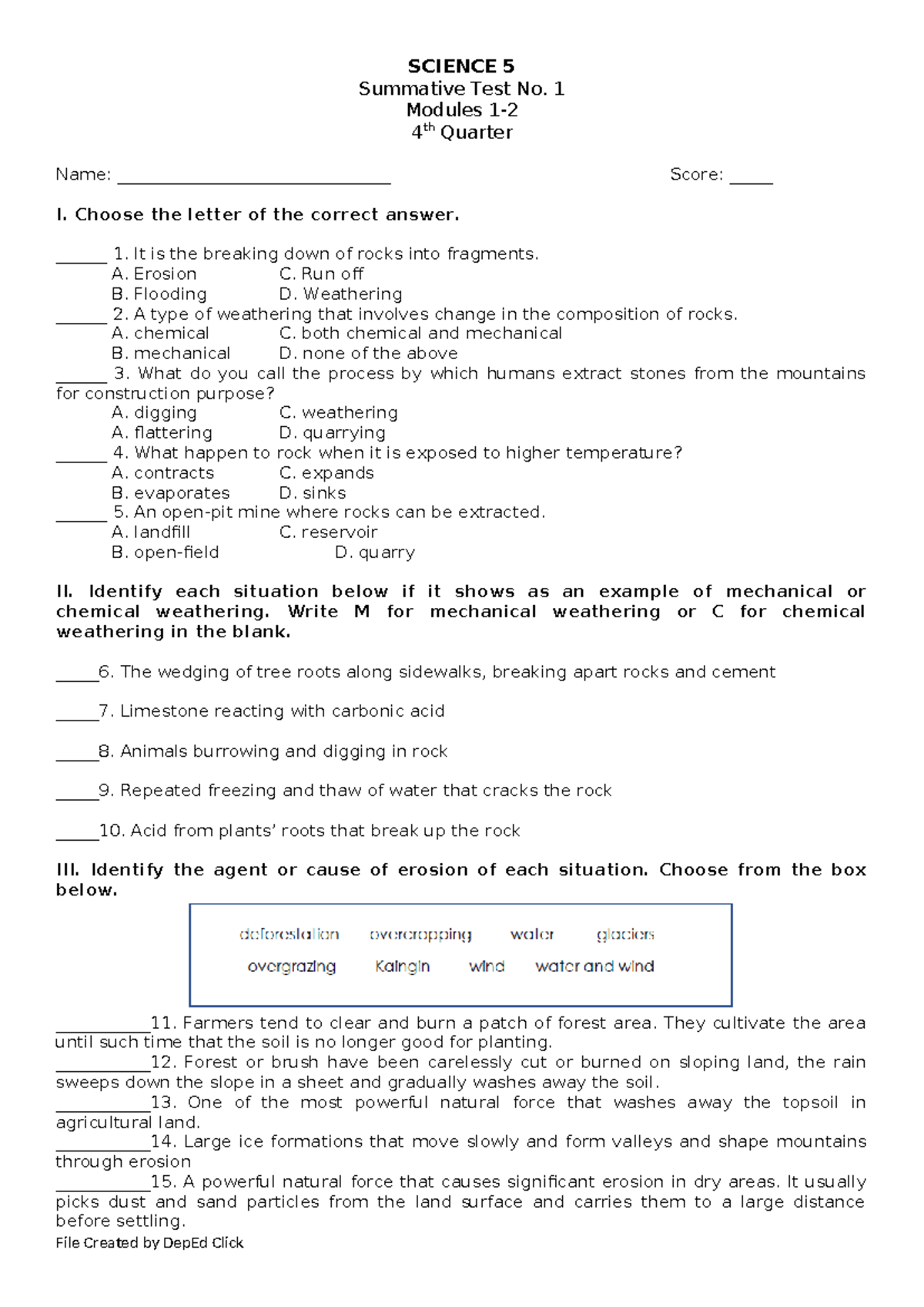 Science 5 ST1 Q4 - Summative Test on Weathering and Erosion Concepts ...