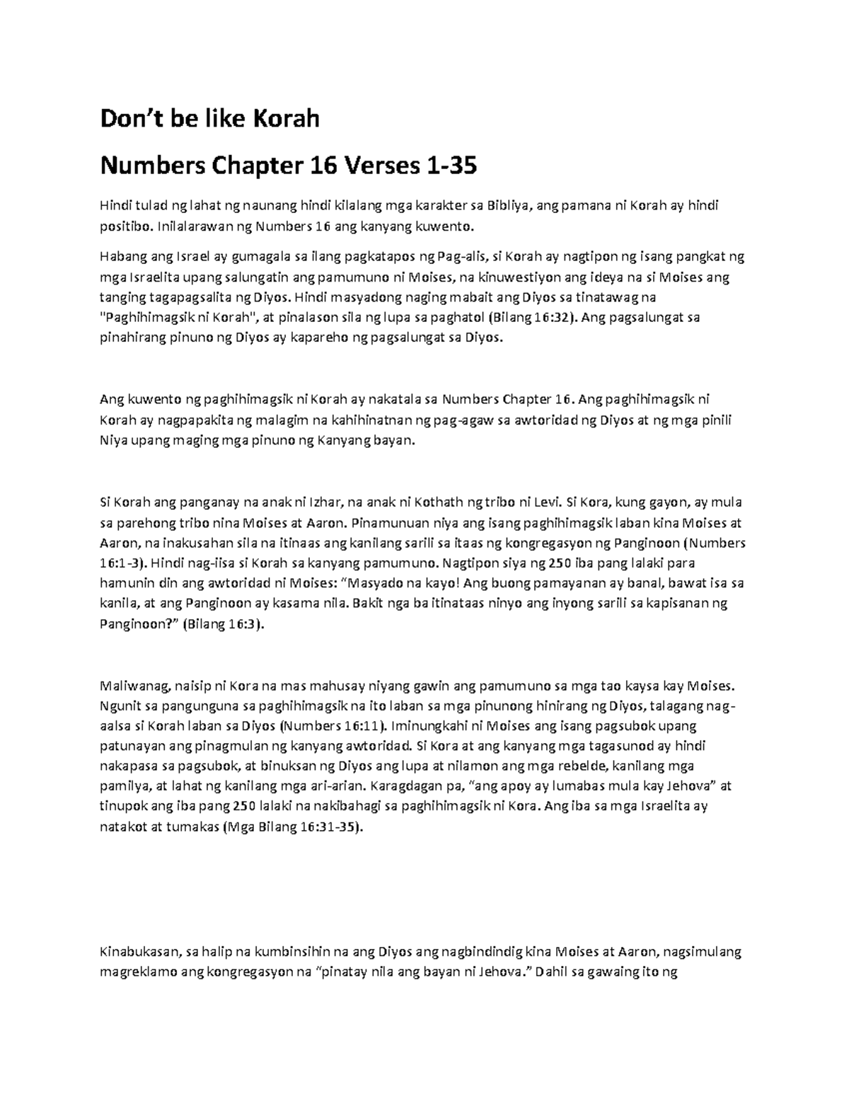Korah's Rebellion: Lessons from Numbers 16 (Bible Study) - Studocu